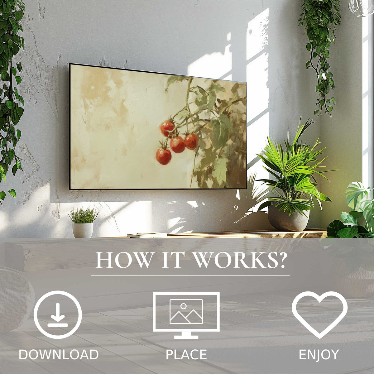 Botanical art for Samsung TV showing ripe tomatoes in soft earthy tones; easy digital download to enrich your space