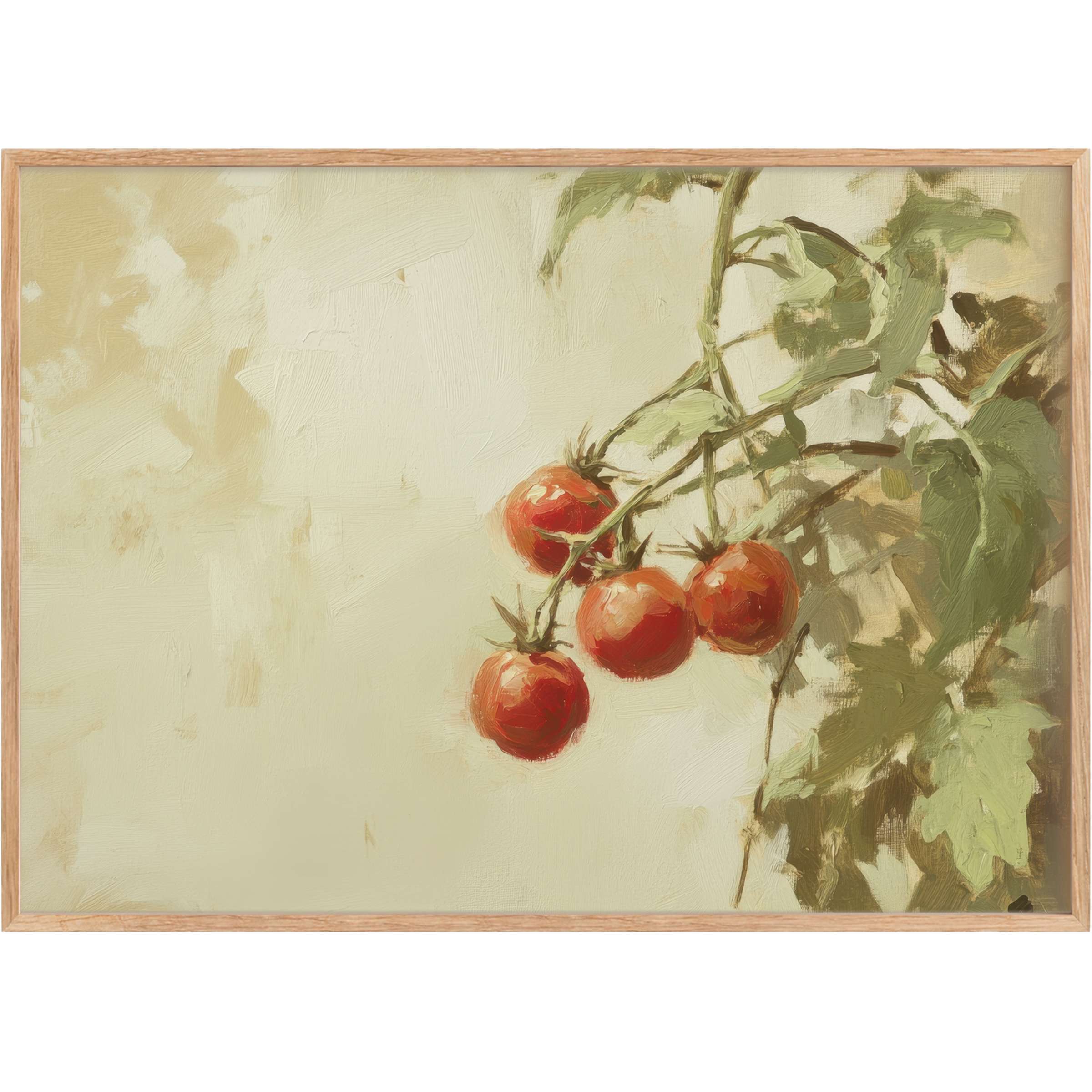 Botanical printable wall art featuring ripe red tomatoes on soft, muted green leaves, evoking a warm, rustic calm
