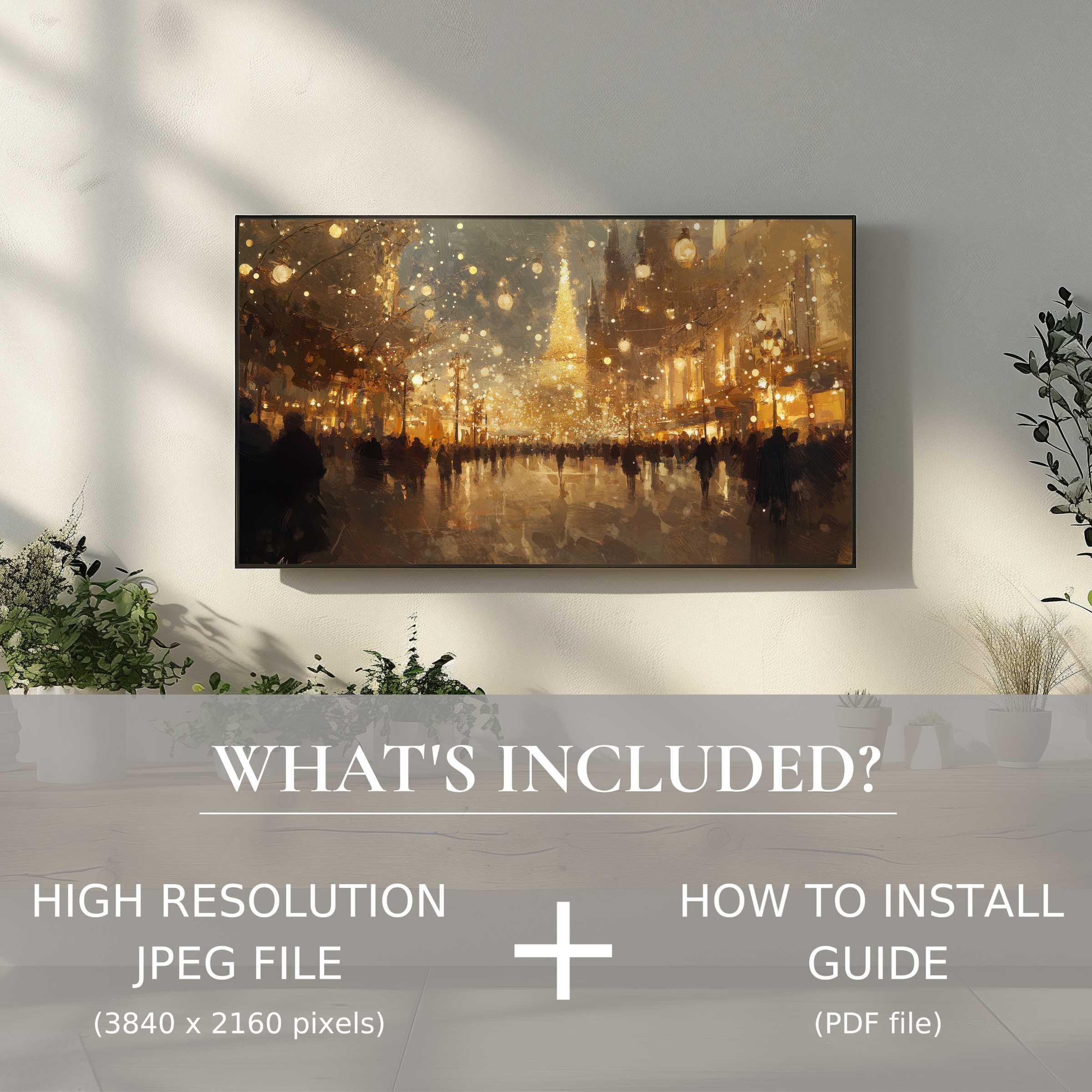 Elegant urban digital TV art download enhances spaces with easy digital use, featuring warm city lights in a stylish living room