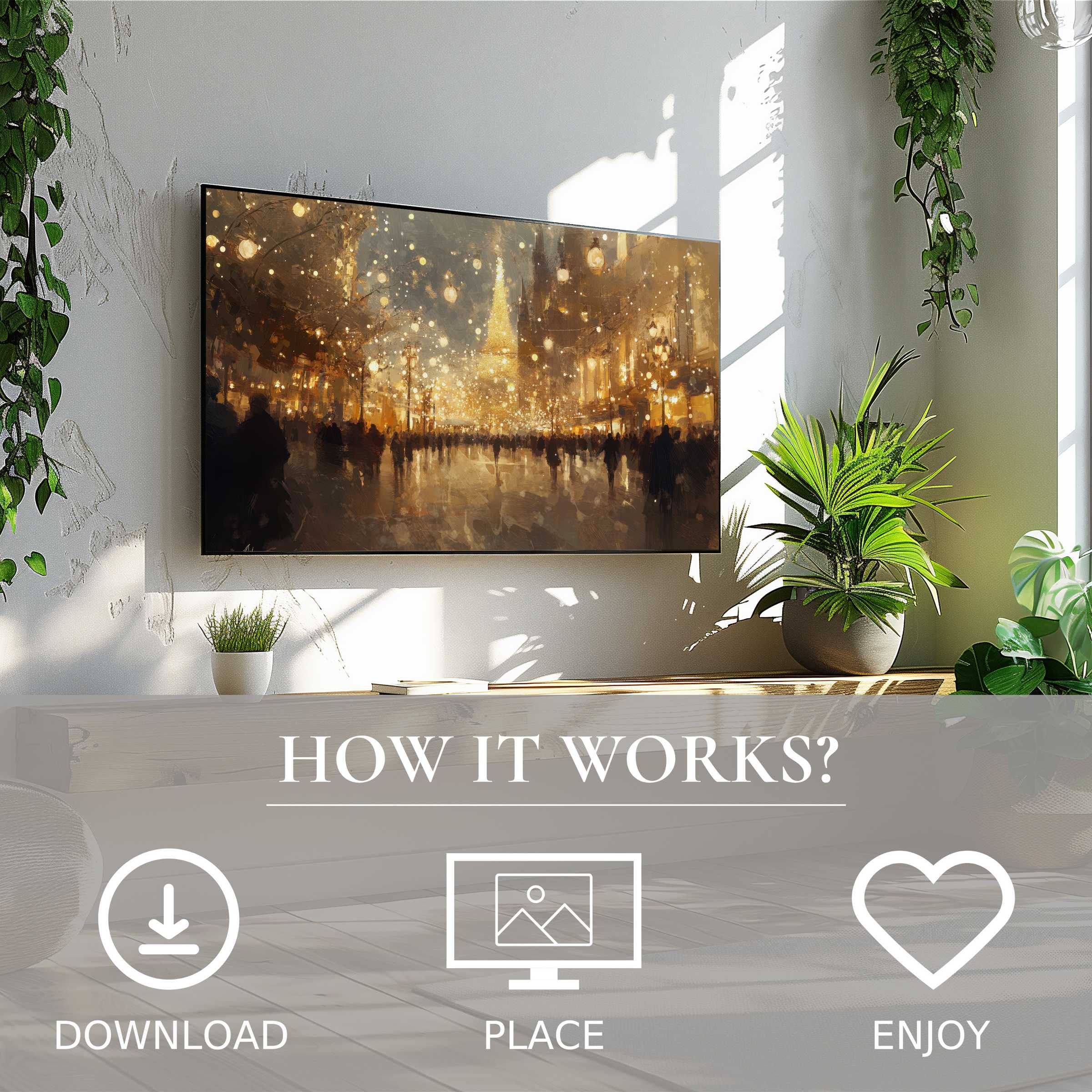 Urban art for Samsung TV with warm glowing streetlights, easy digital download enriches modern living spaces