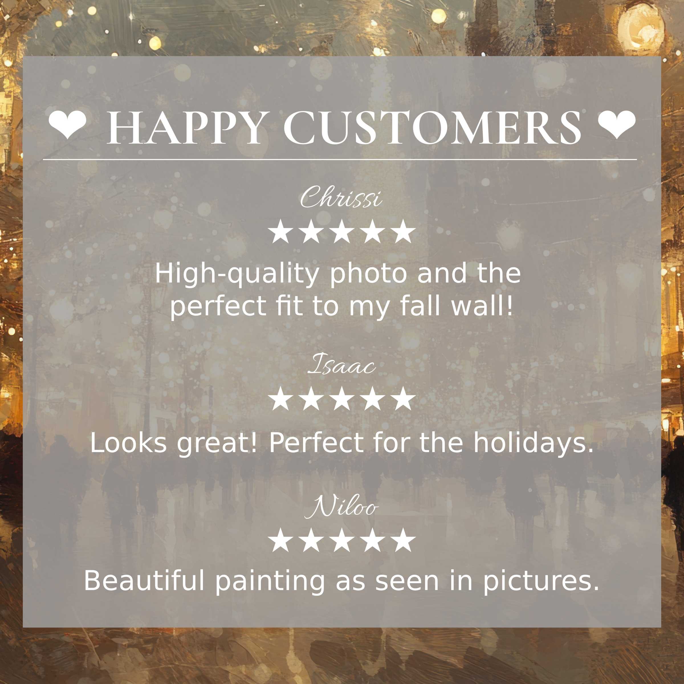 Urban art for Frame TV features abstract warm city lights, with happy customer reviews building trust and elegance