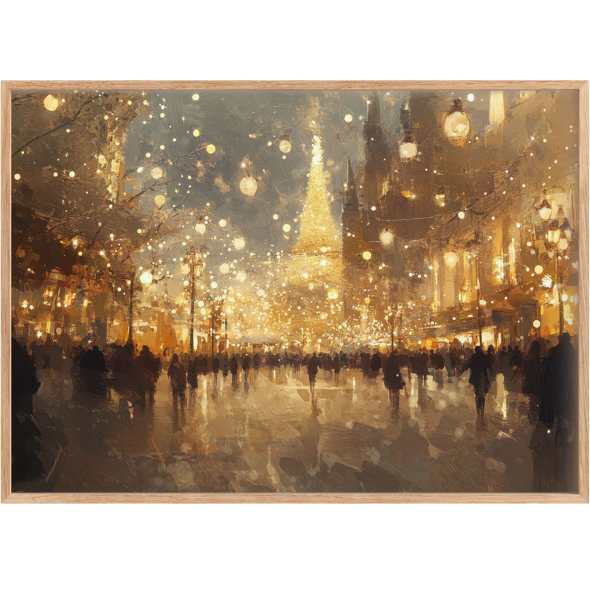 Elegant urban printable wall art capturing a luminous cityscape aglow with golden lights, evoking warmth and festive charm
