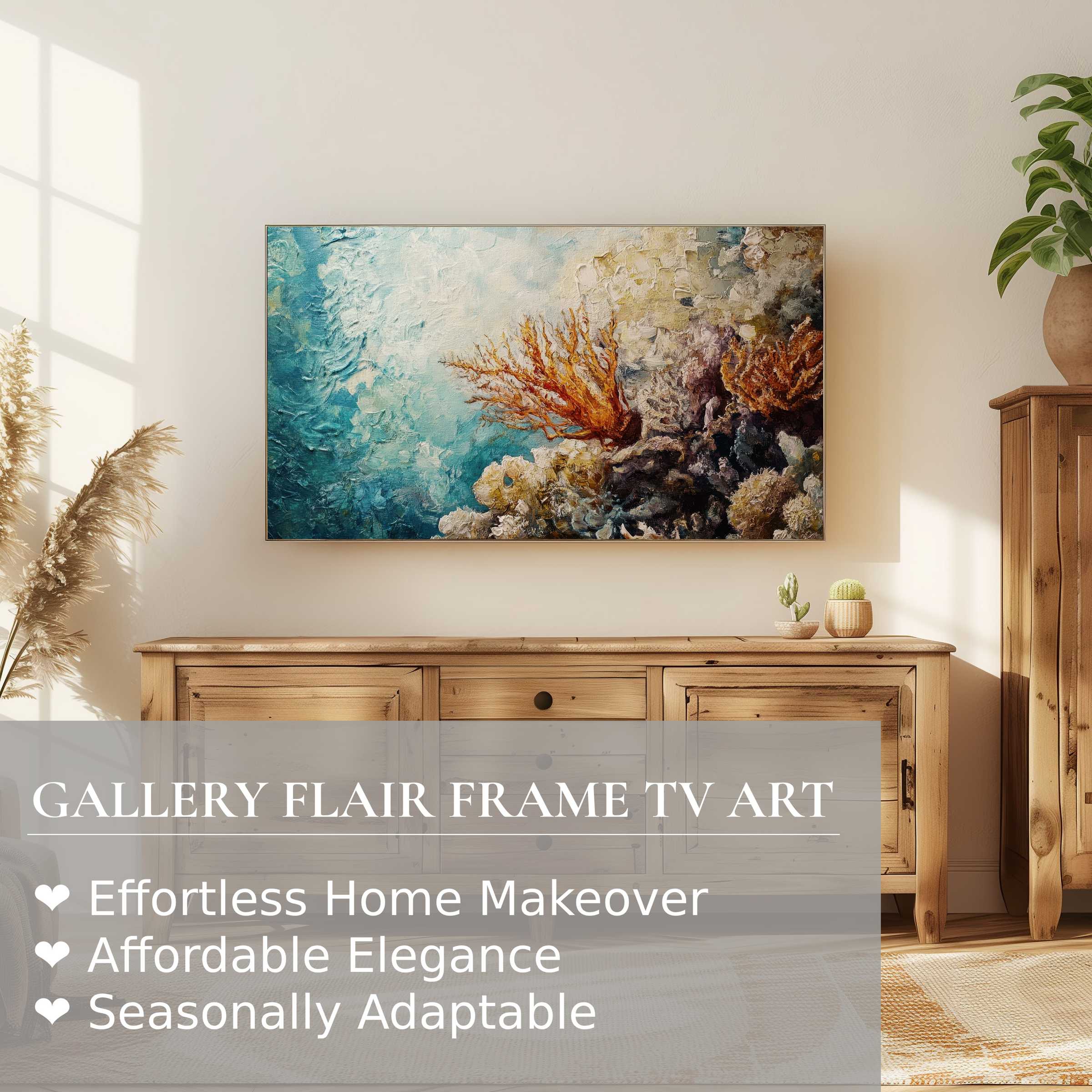 Samsung Frame TV displaying coastal digital artwork in a modern, sunlit room with natural wood accents