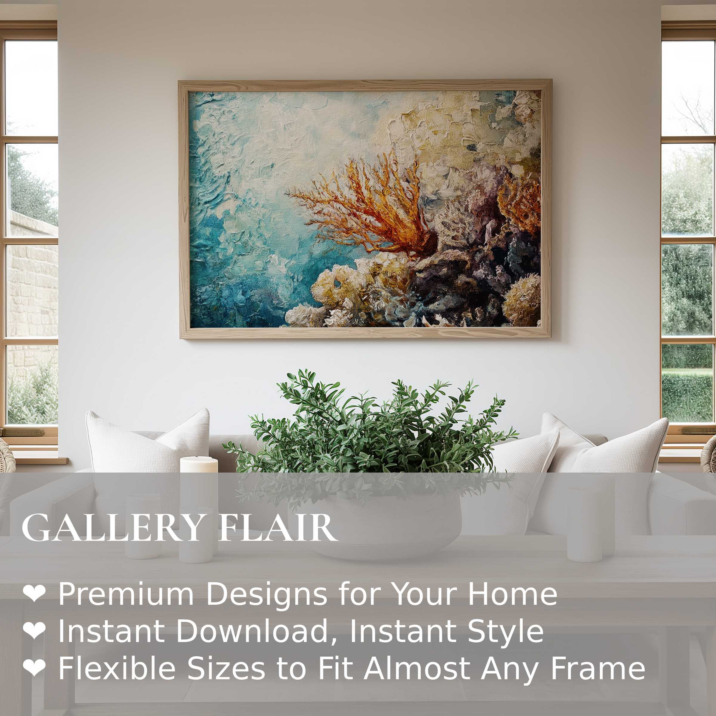 Coastal wall art print featuring textured ocean blues and vibrant coral tones, enhancing serene modern farmhouse decor