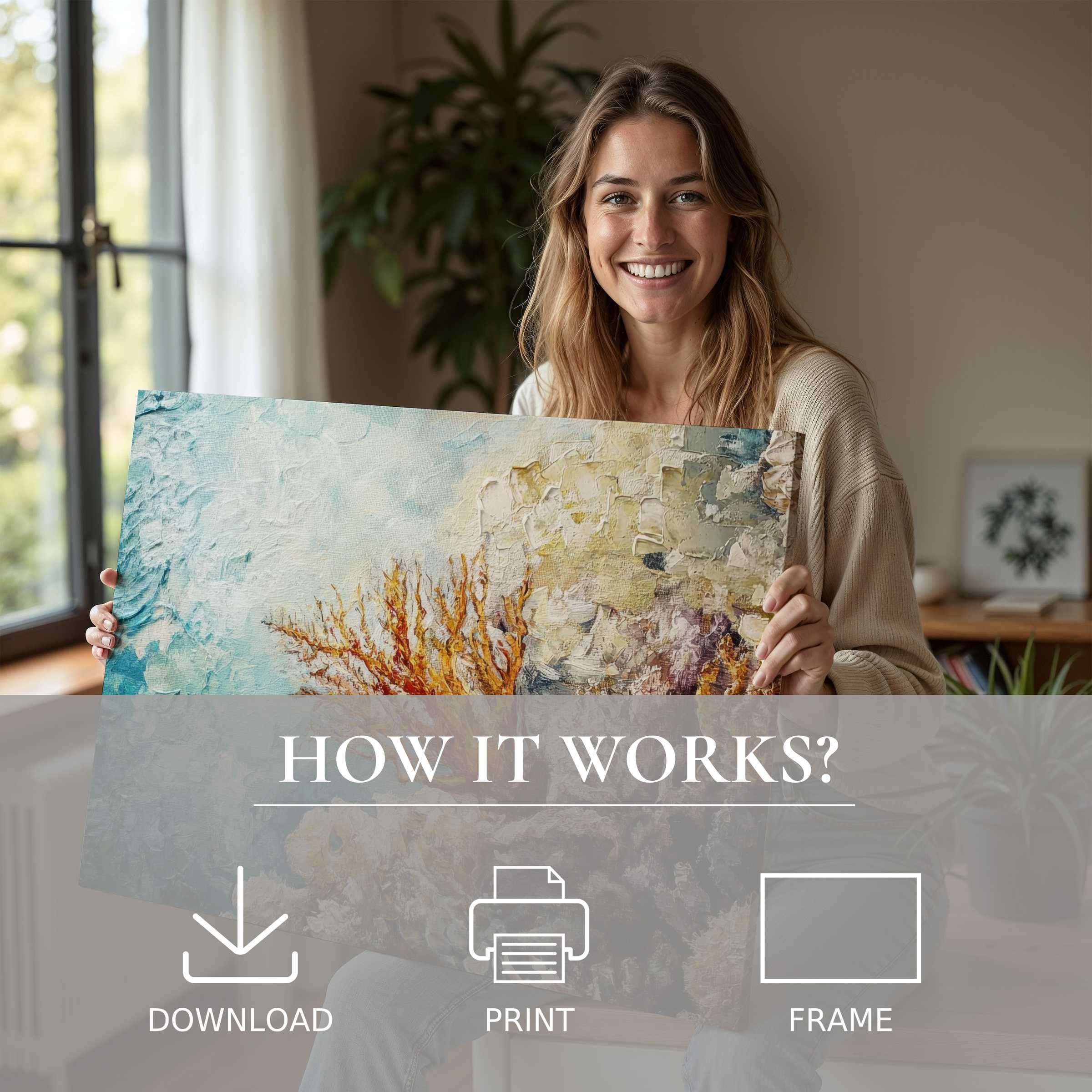 Coastal digital art print inspiring joyful connection in a serene modern home, embracing effortless elegance and warmth