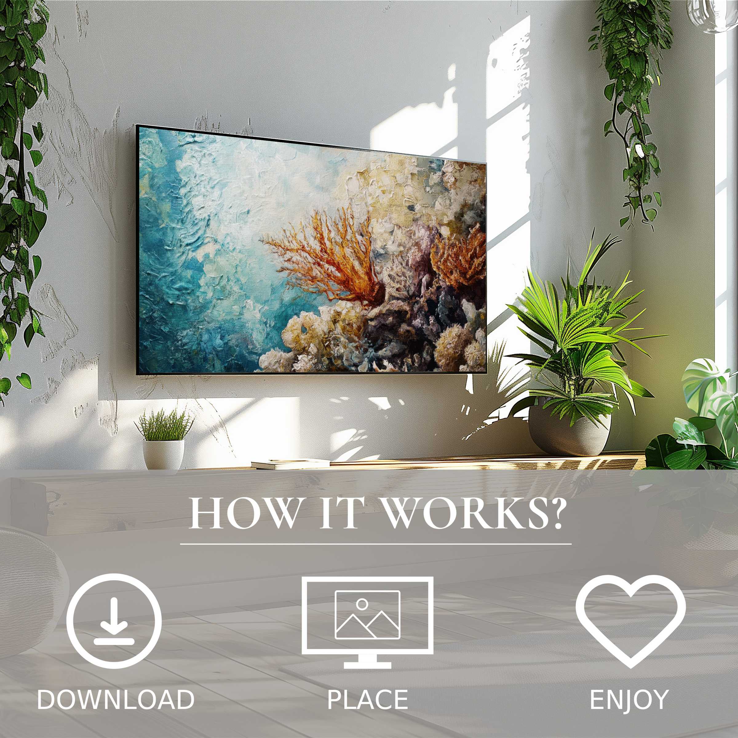 Coastal art for Samsung TV with vibrant coral motif, easy digital download enhances modern, green-lit living spaces