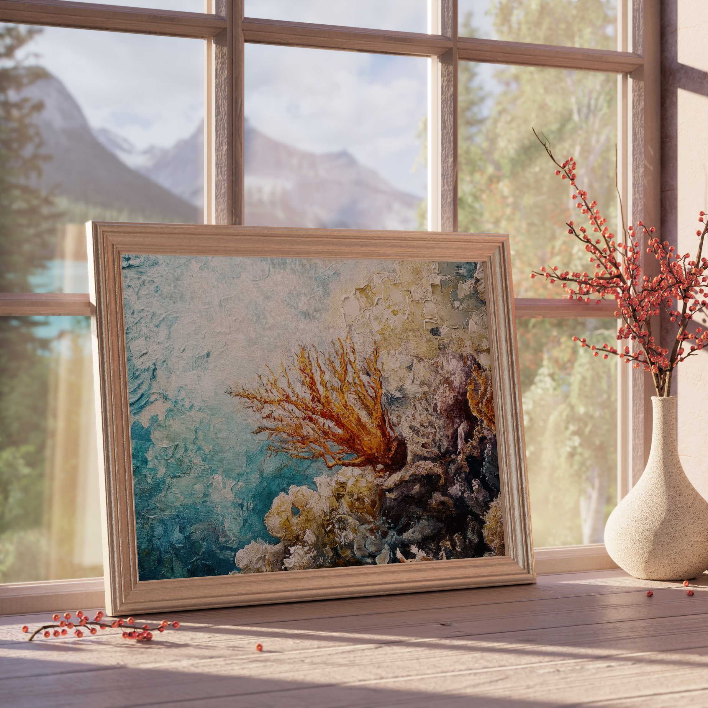 Coastal downloadable art featuring serene ocean hues and vibrant coral textures, elevating tranquil, curated interiors