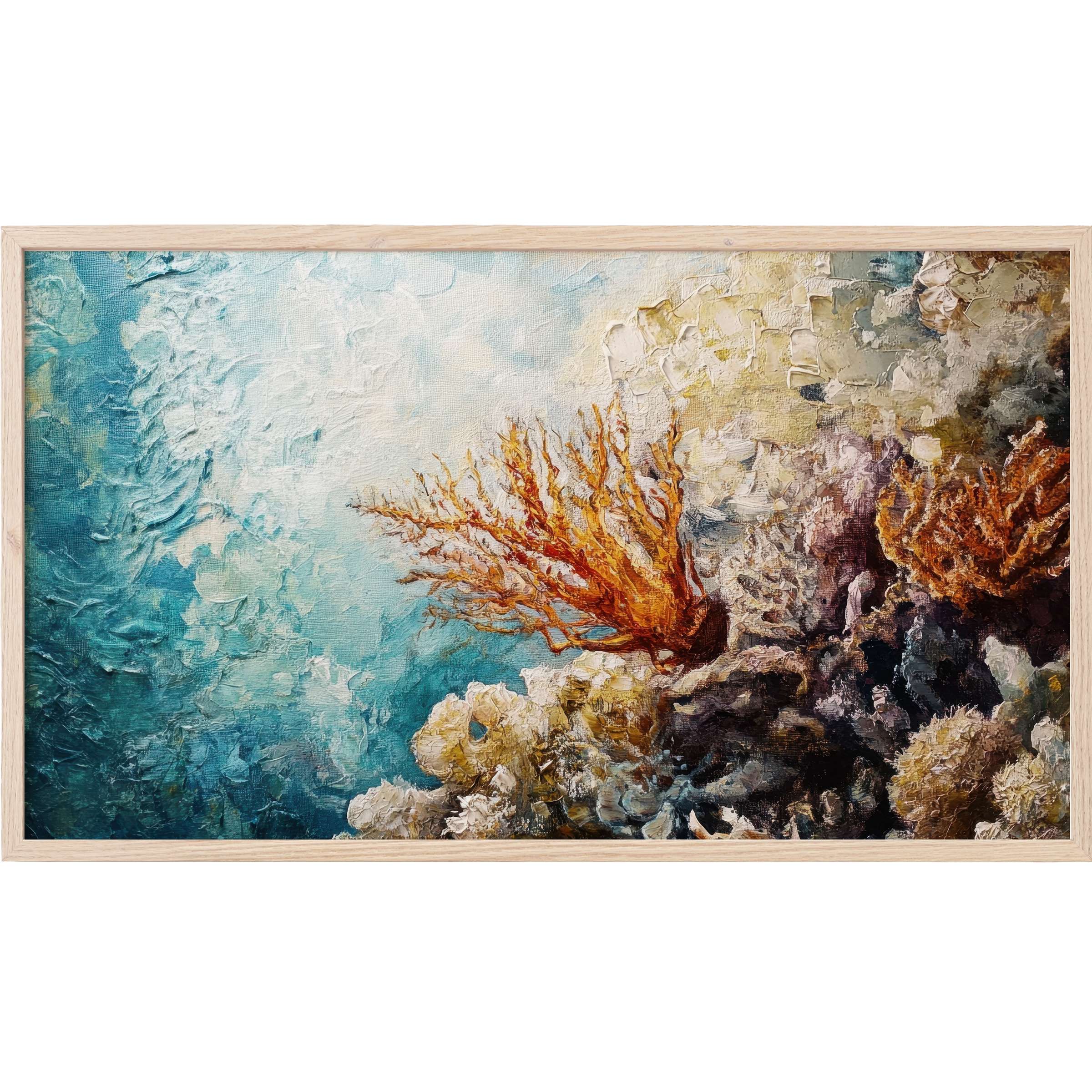 Textured coral reef painting with vibrant orange and deep blue hues in a sleek coastal Frame TV Art design