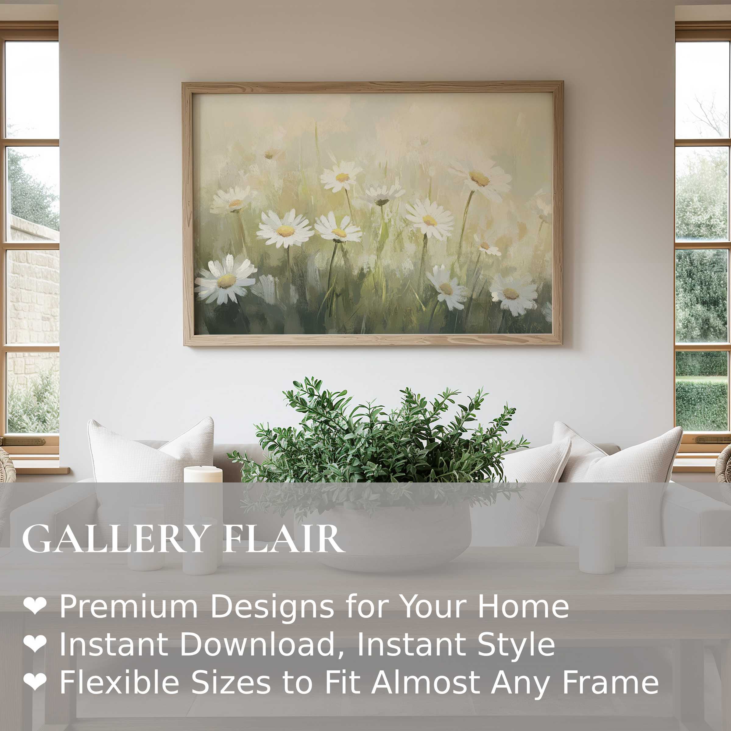Spring wall art print featuring soft daisies in muted greens and creams, adding radiant charm to modern farmhouse interiors
