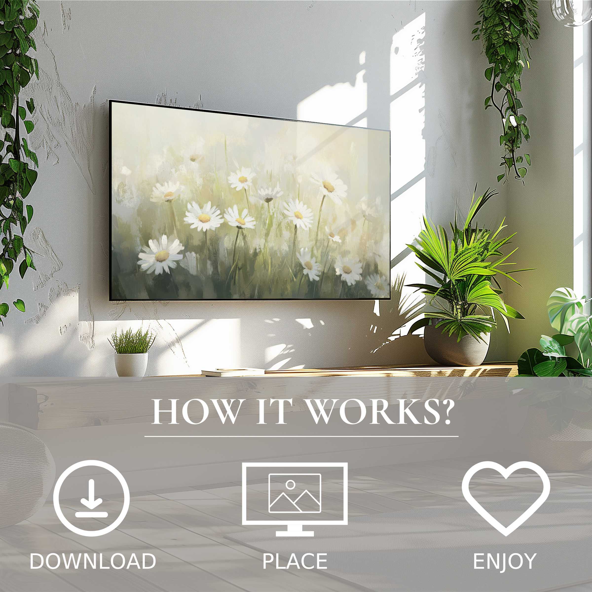 spring art for Samsung TV showing soft daisy tones, easy digital download enriching modern living spaces with calm nature motif