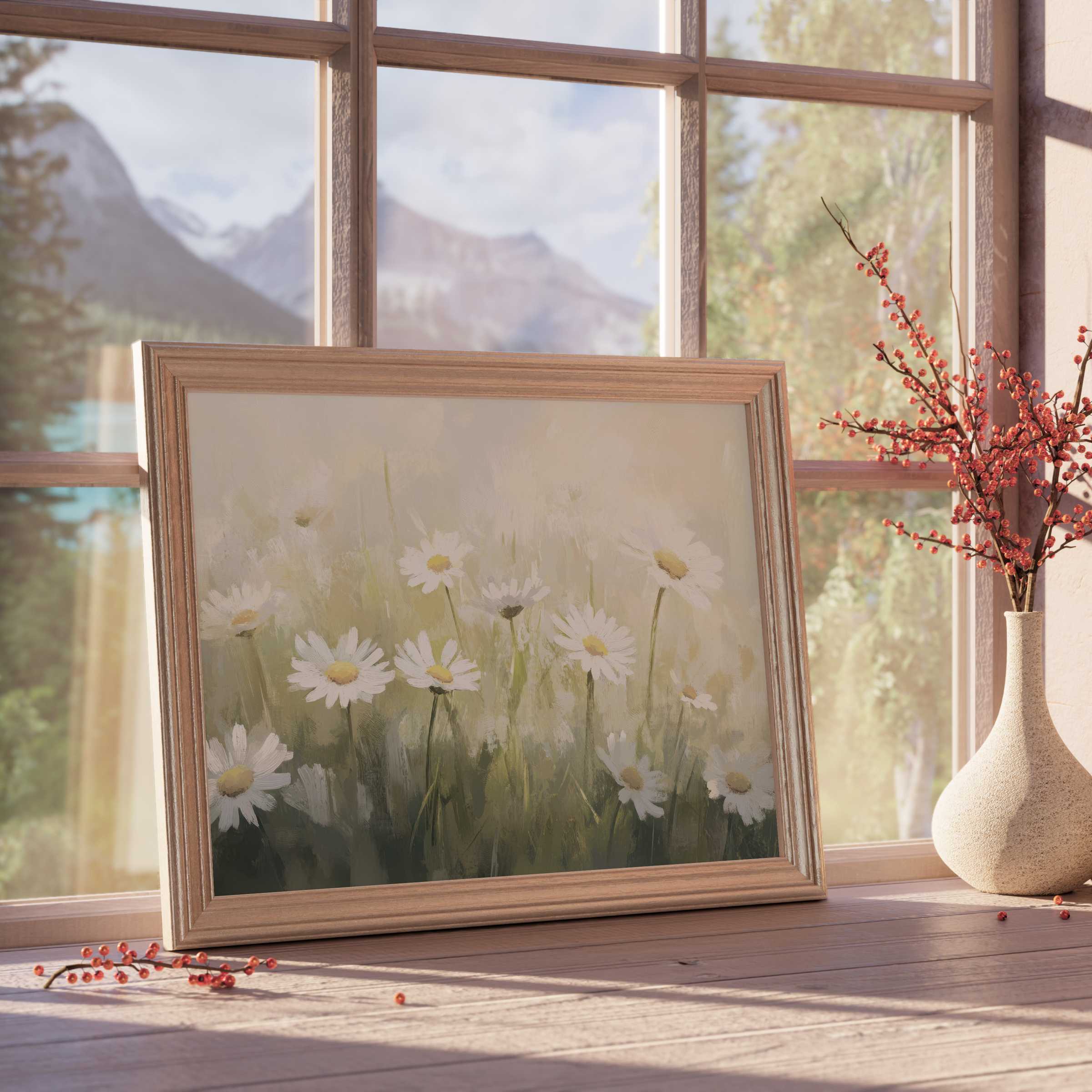 Spring downloadable art capturing delicate daisies in soft sunlight, elevating serene interiors with nature-inspired charm and refined botanical elegance