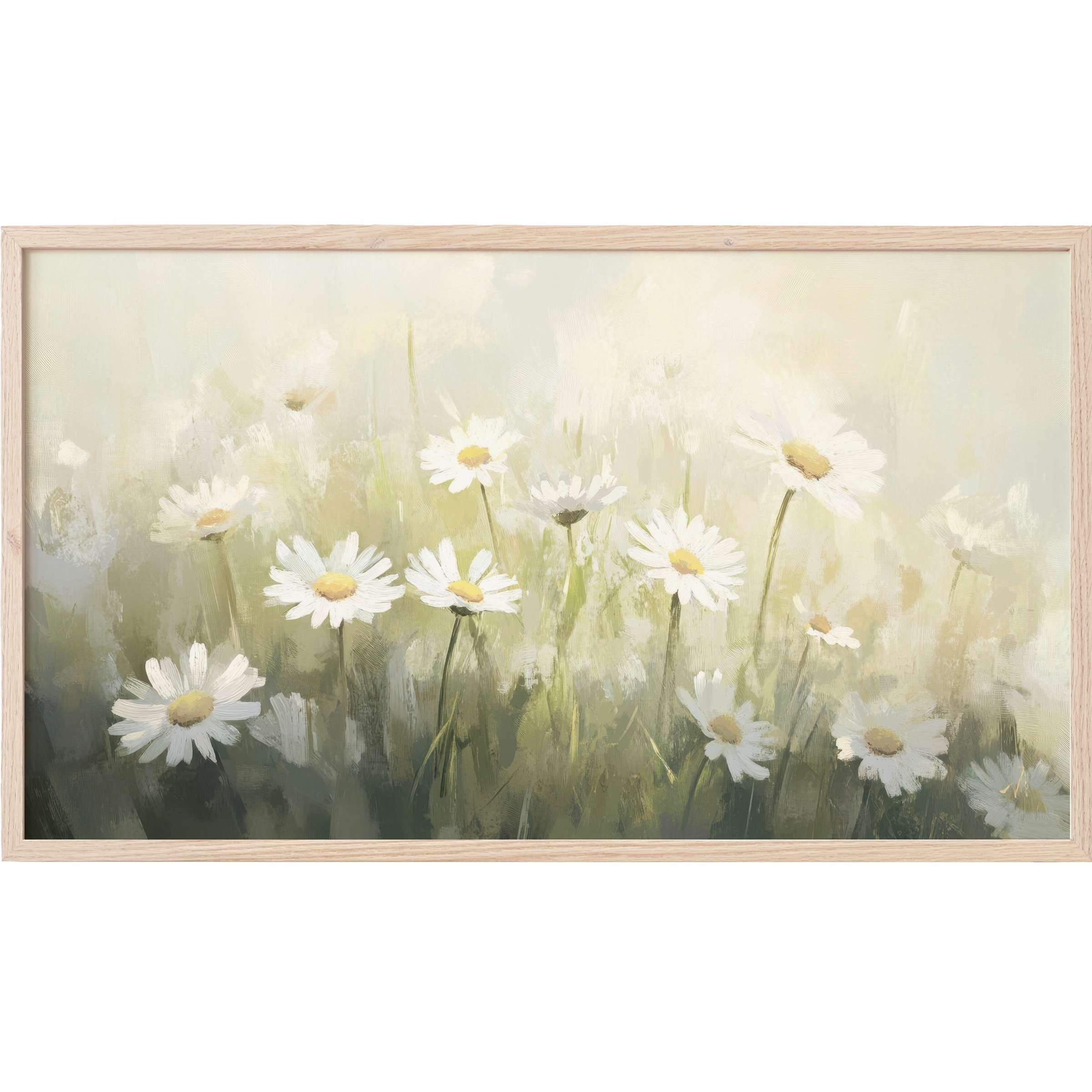 Elegant spring Frame TV Art featuring delicate white daisies in soft greens and muted background hues