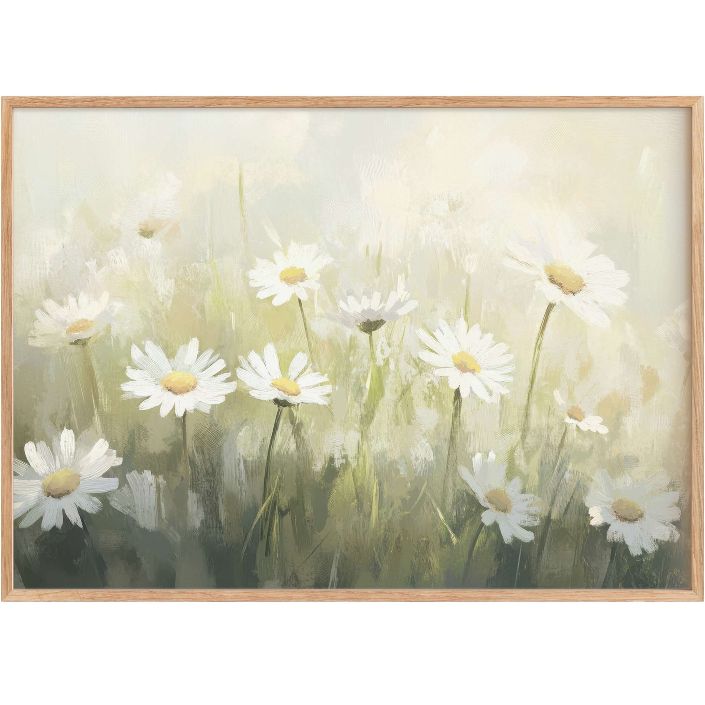Radiant spring printable wall art featuring delicate white daisies in soft greens and creams, evoking serene elegance and fresh beginnings