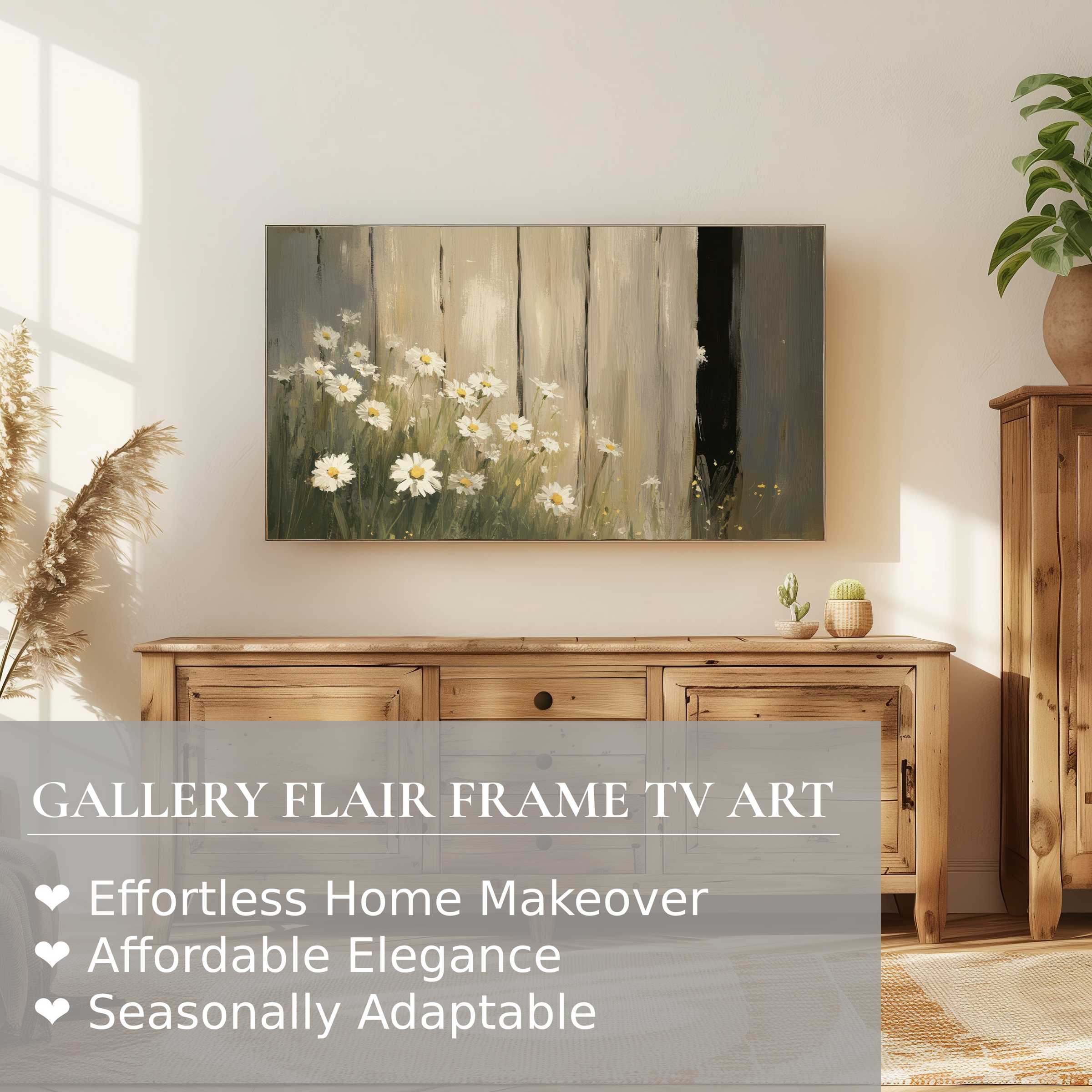 Elegant farmhouse digital artwork of daisies on Samsung Frame TV in warm, modern rustic living room setting