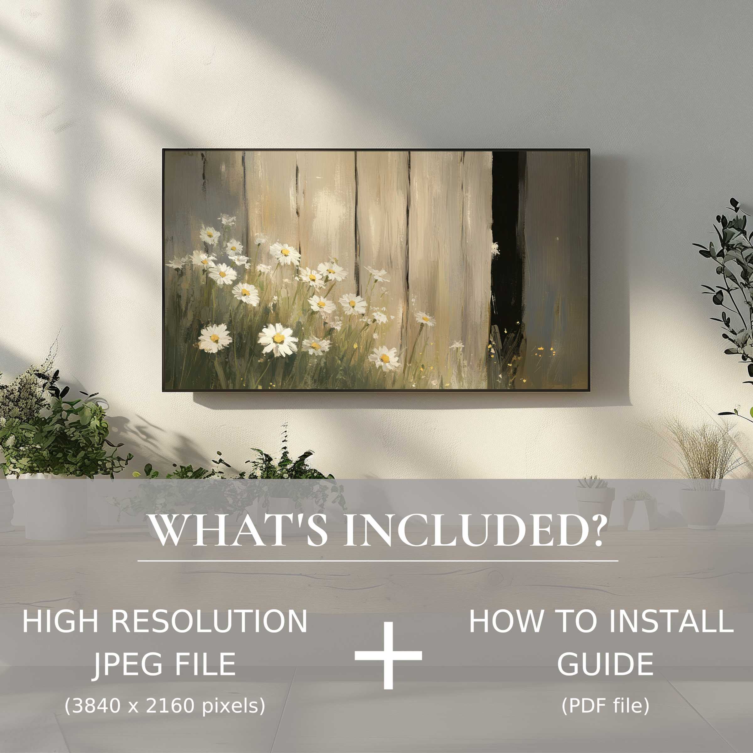 Elegant farmhouse digital TV art download with daisies, brightening living spaces via easy digital use and installation