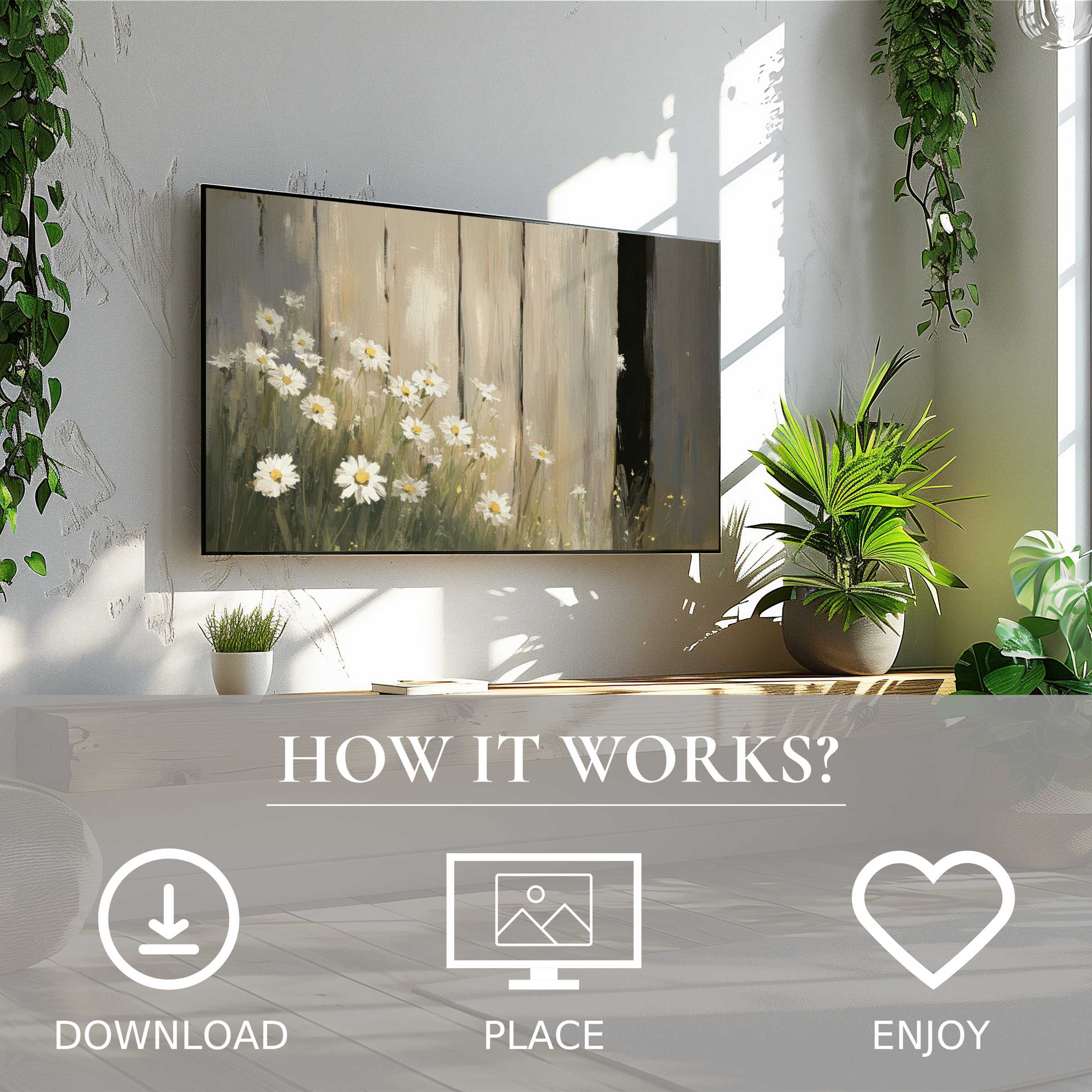 Modern room with farmhouse art for Samsung TV, daisies on wood motif Easy digital download enriches your space