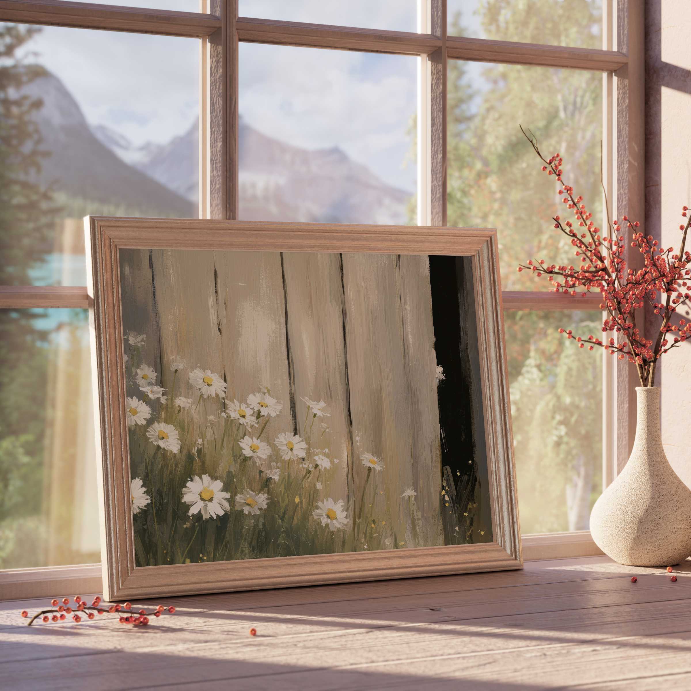 Farmhouse downloadable art capturing tranquil daisies against weathered wood, enhancing curated, warm, nature-inspired interiors