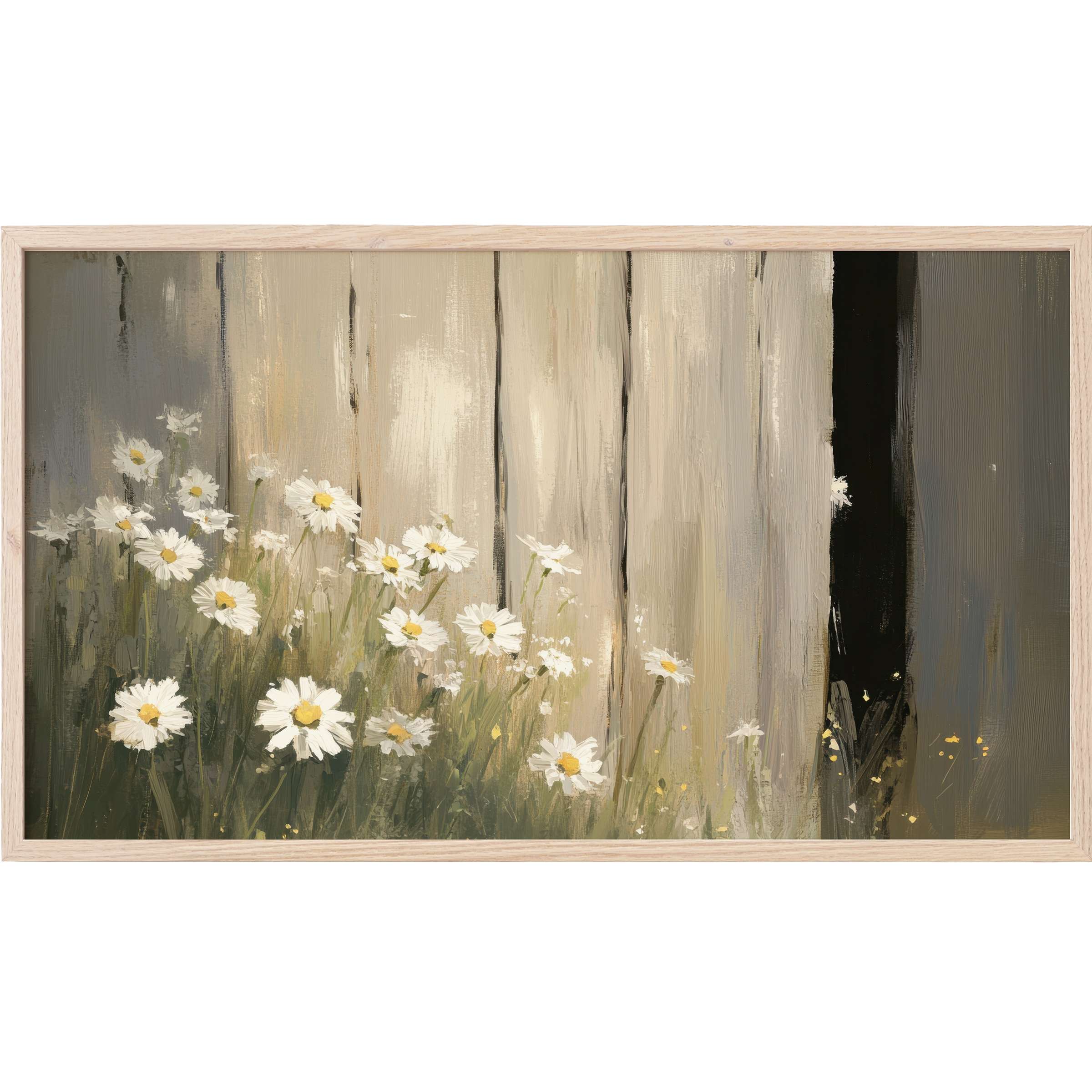 Farmhouse Frame TV Art depicting delicate daisies against rustic wood panels in muted beige and gray tones
