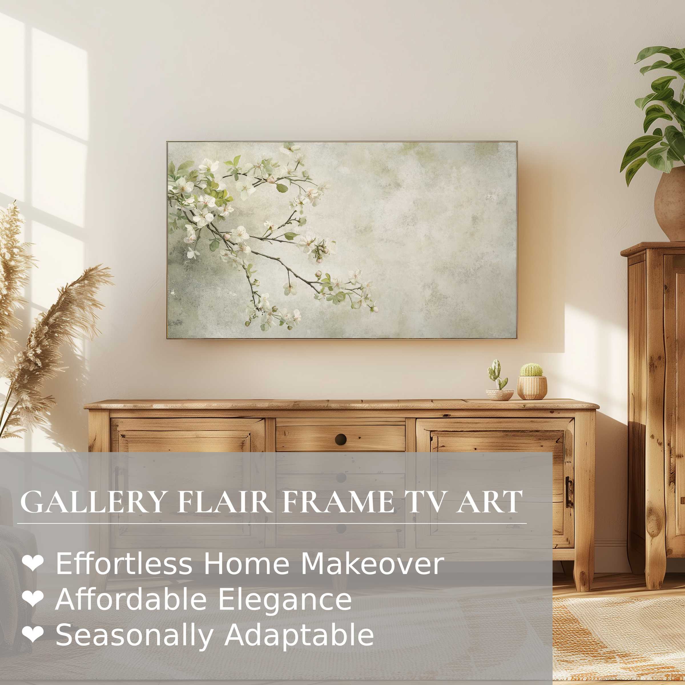 Samsung Frame TV displays subtle floral digital artwork in a serene, modern living space with natural wood accents