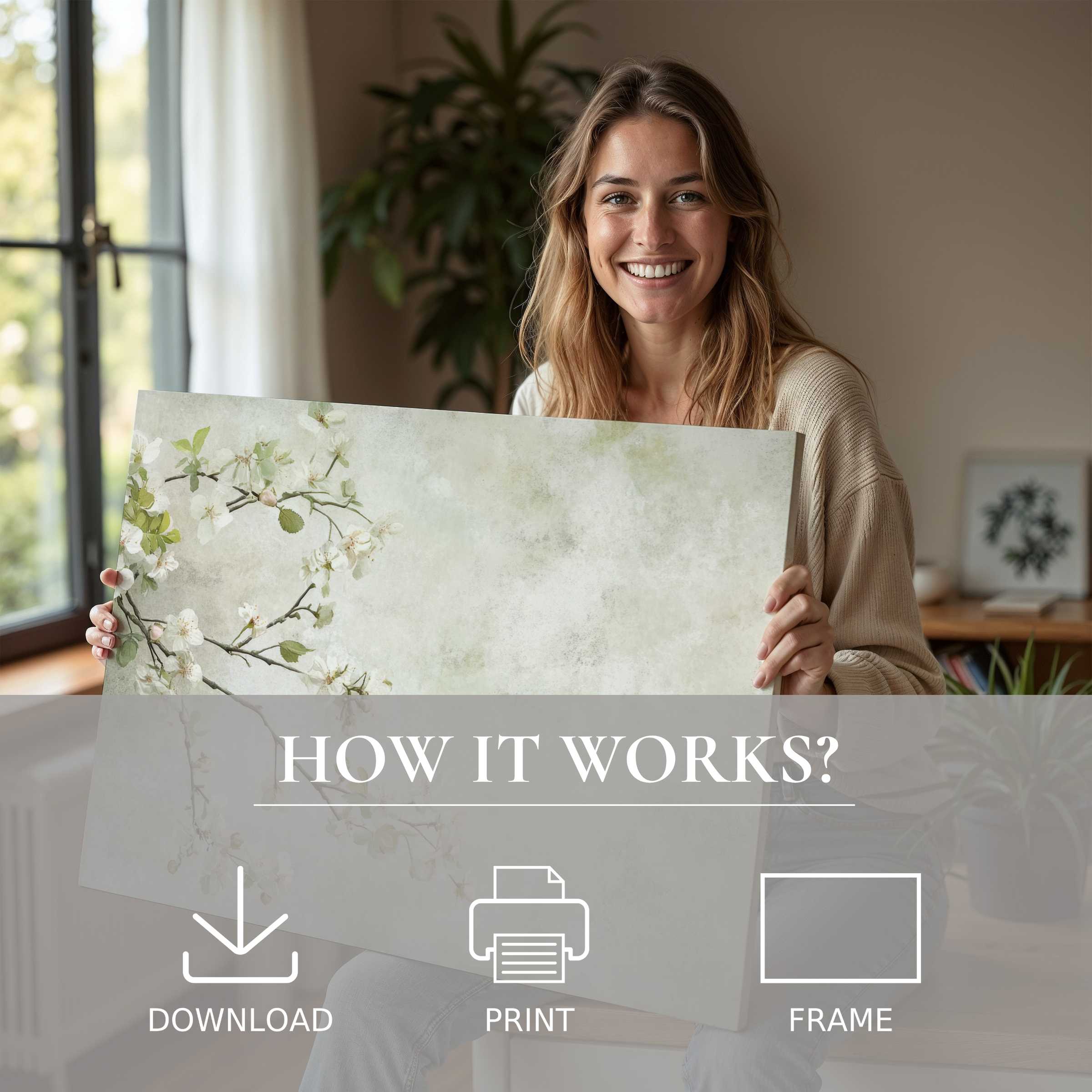 A woman sharing a serene moment with a delicate floral digital art print, embodying joy and effortless elegance