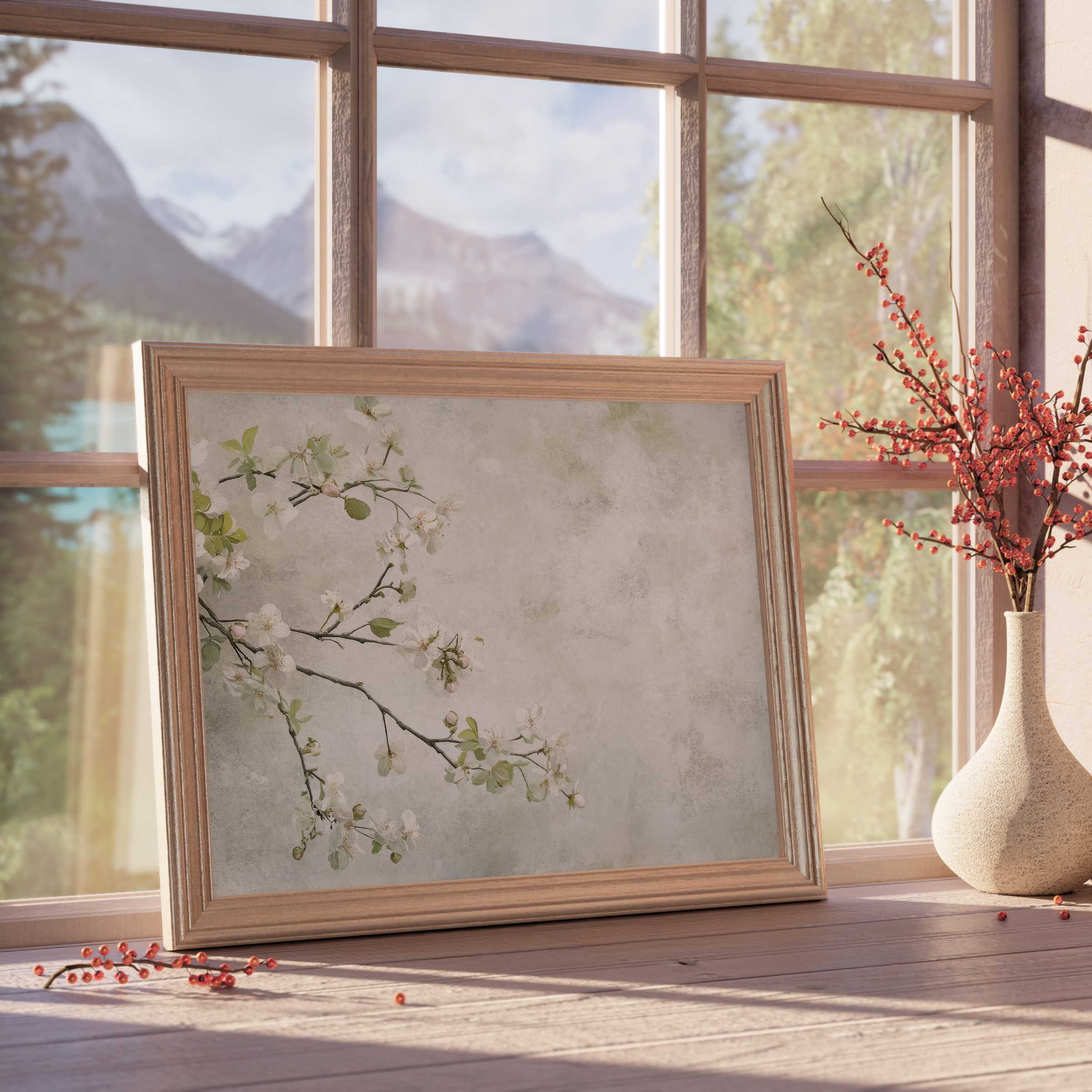 Elegant floral downloadable art featuring delicate white blossoms, enhancing serene, curated interiors with timeless charm and natural grace