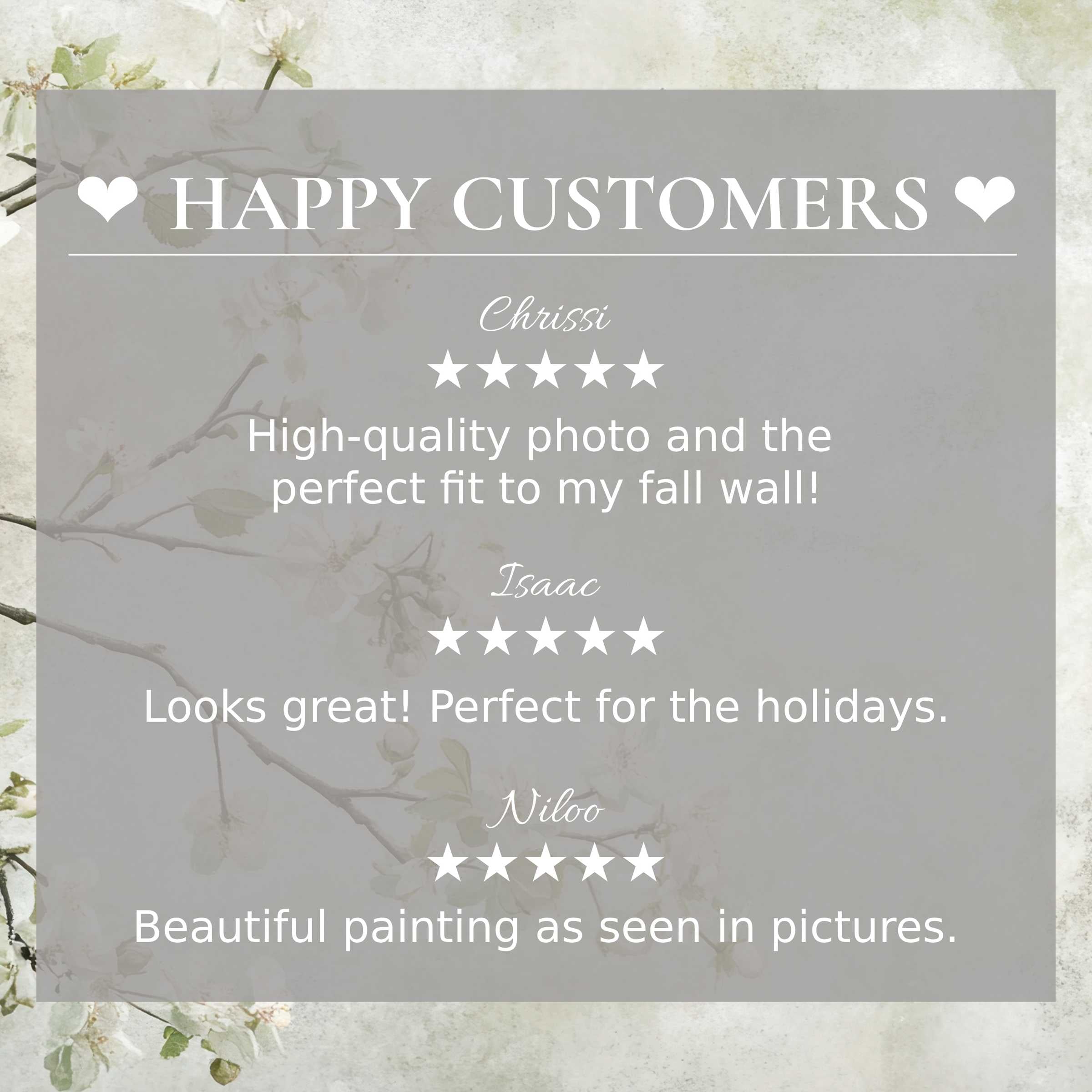Floral art for Frame TV with delicate blossoms on muted background, featuring happy customer reviews building elegant trust