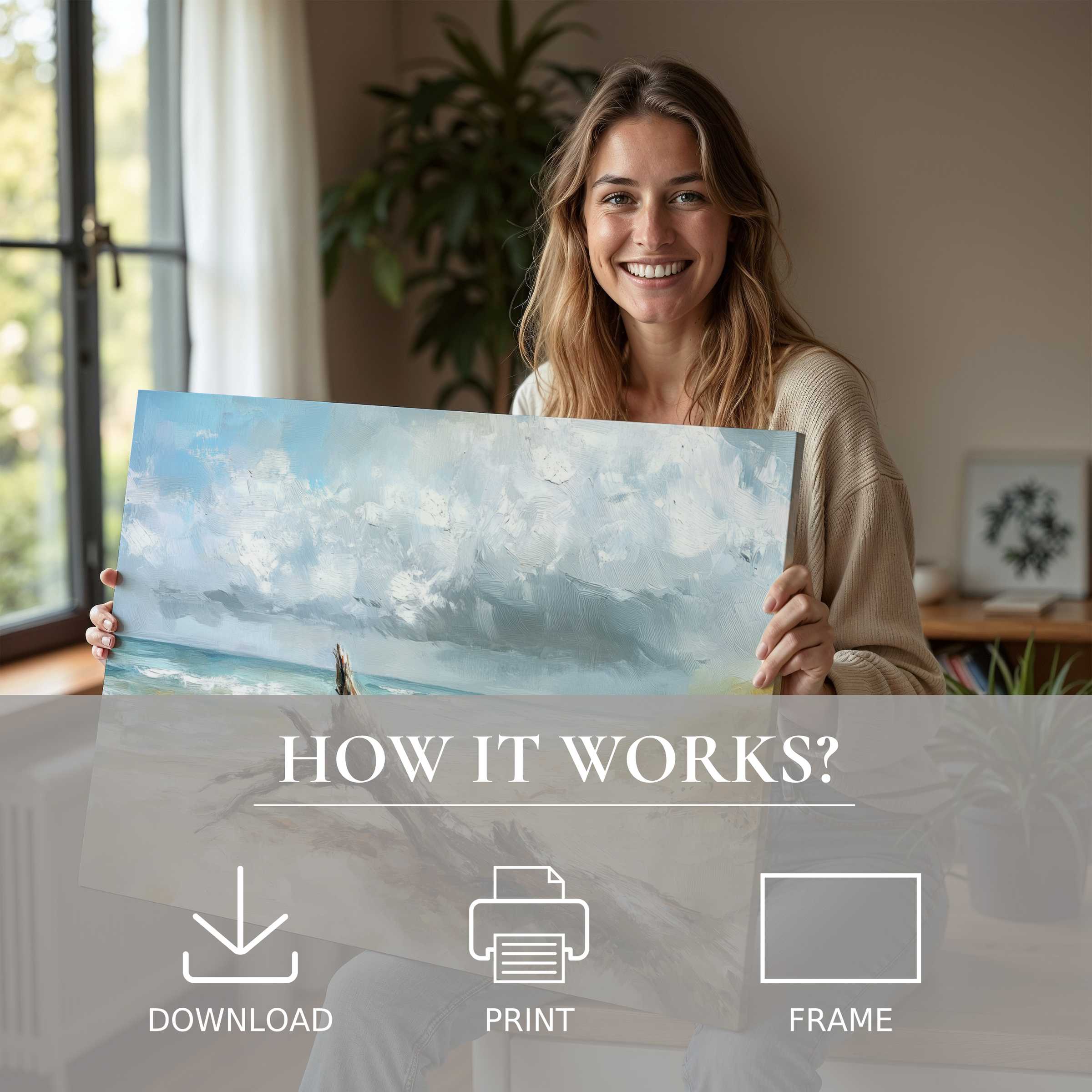 A serene moment of joy in a stylish home, showcasing a beach digital art print that transforms space with effortless elegance