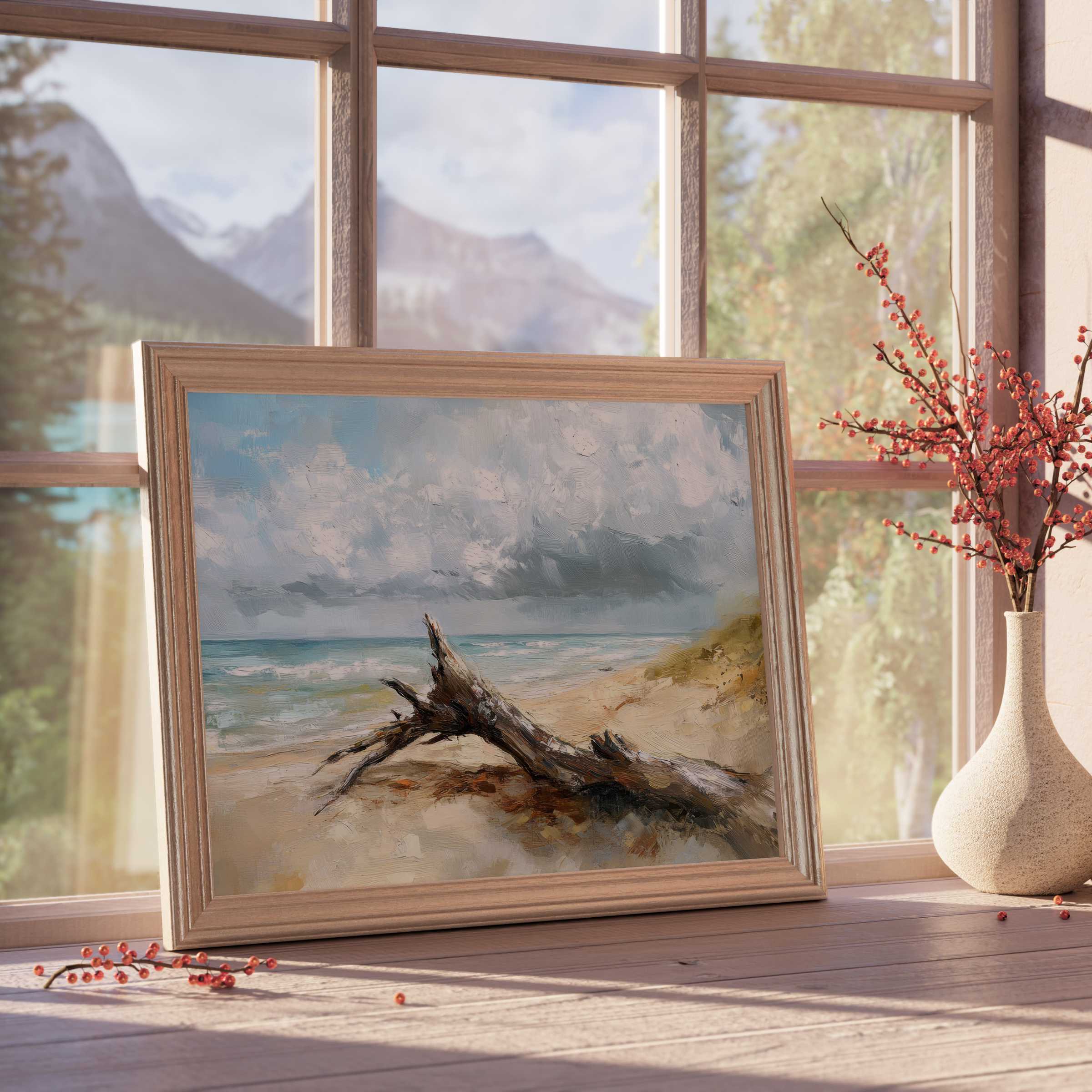 Serene beach downloadable art featuring a driftwood centerpiece, elevating tranquil coastal vibes in curated, design-forward interiors