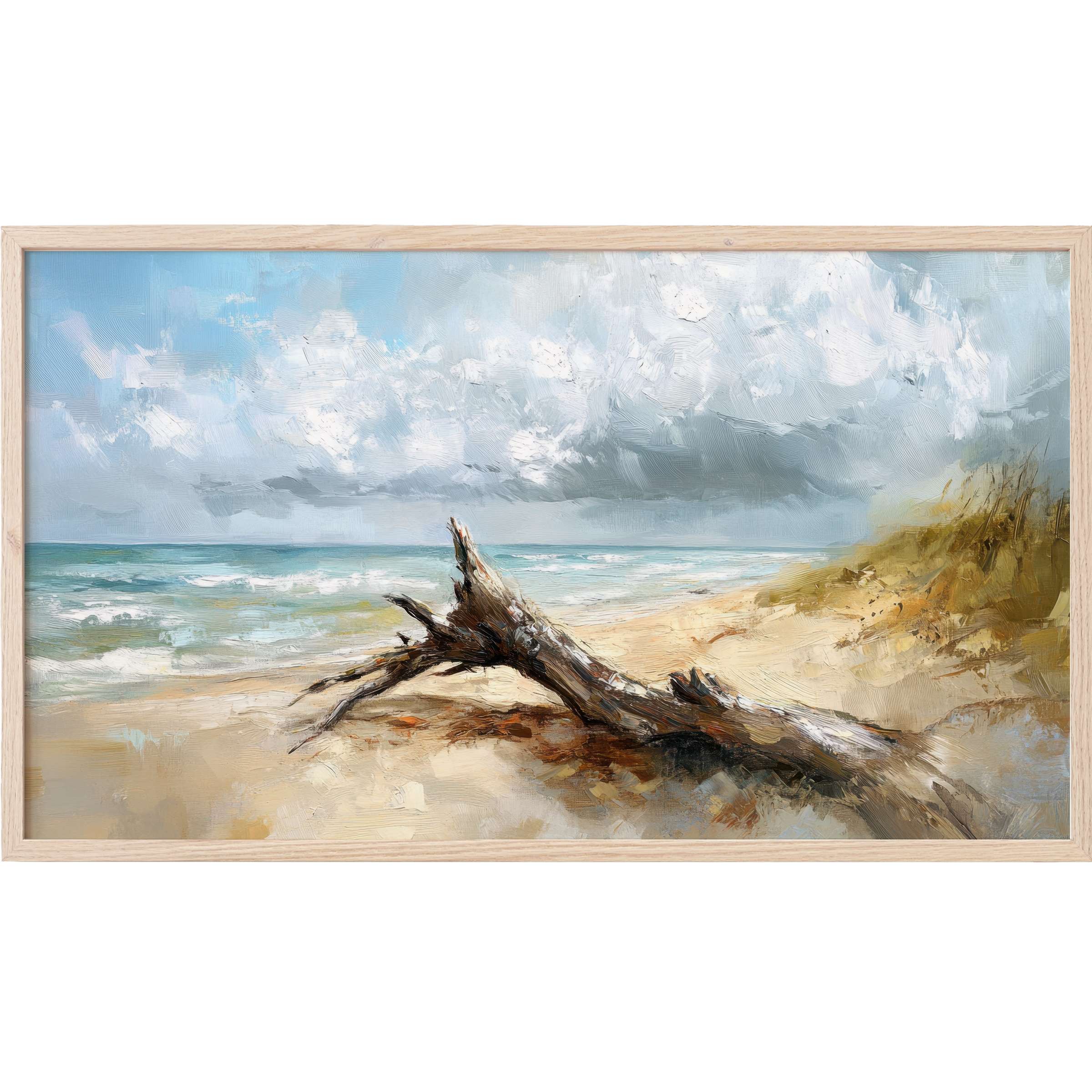 Serene coastal scene with textured sky, weathered driftwood, and soft sand in muted tones, beach Frame TV Art