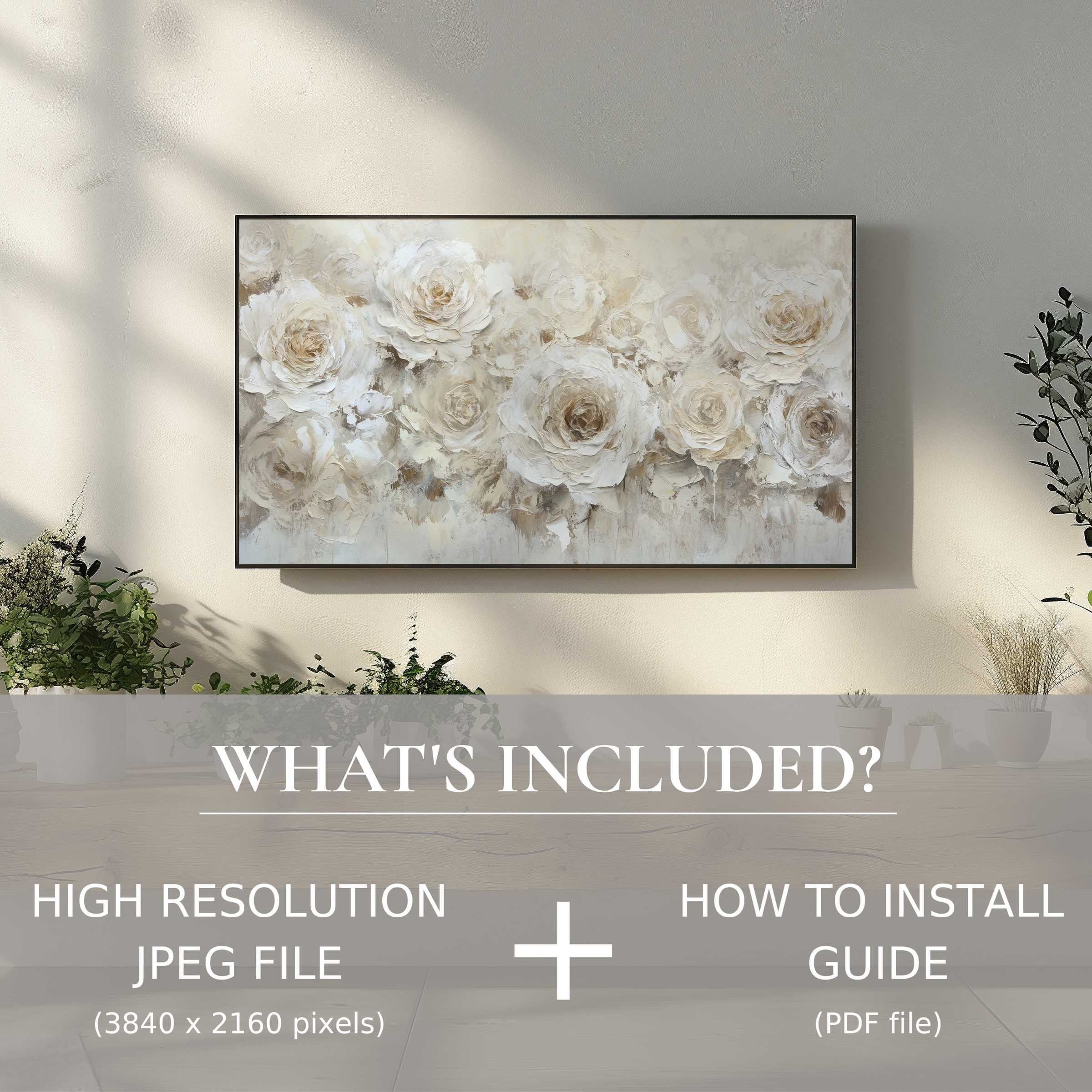 Elegant neutral digital TV art download featuring soft floral tones, enhancing modern living spaces with effortless digital ease