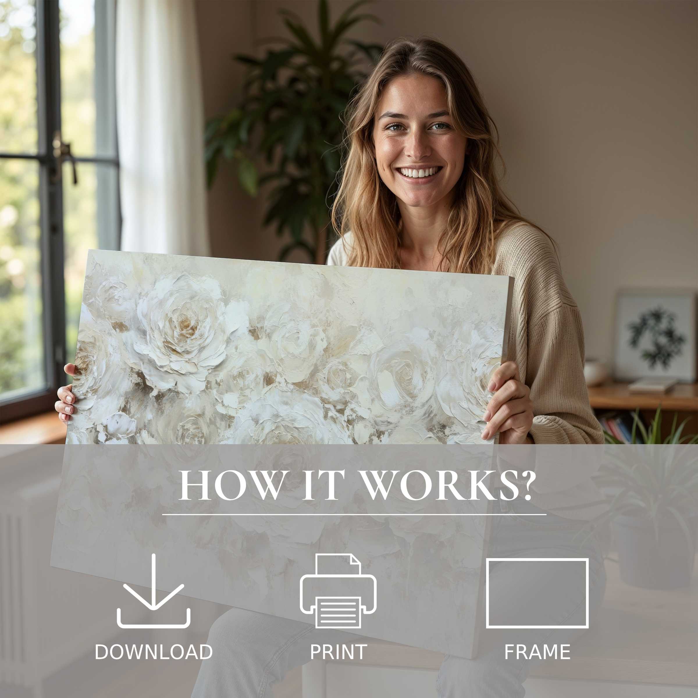 Joyful moment of connection with a neutral digital art print, enriching a serene modern home with timeless elegance