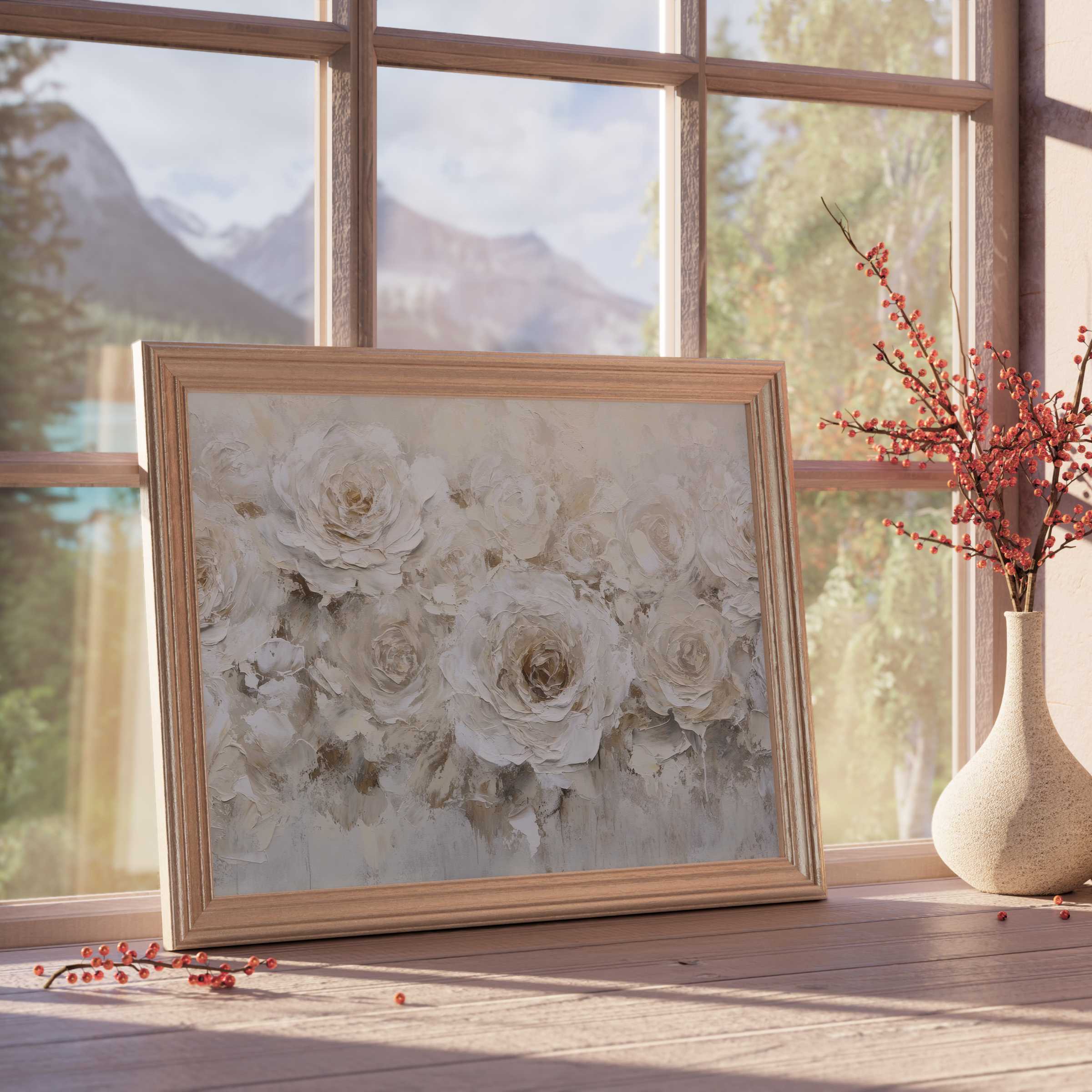 Neutral downloadable art featuring soft, textured white roses in a natural wood frame, elevating serene, curated interiors with timeless elegance and warm, inviting ambiance