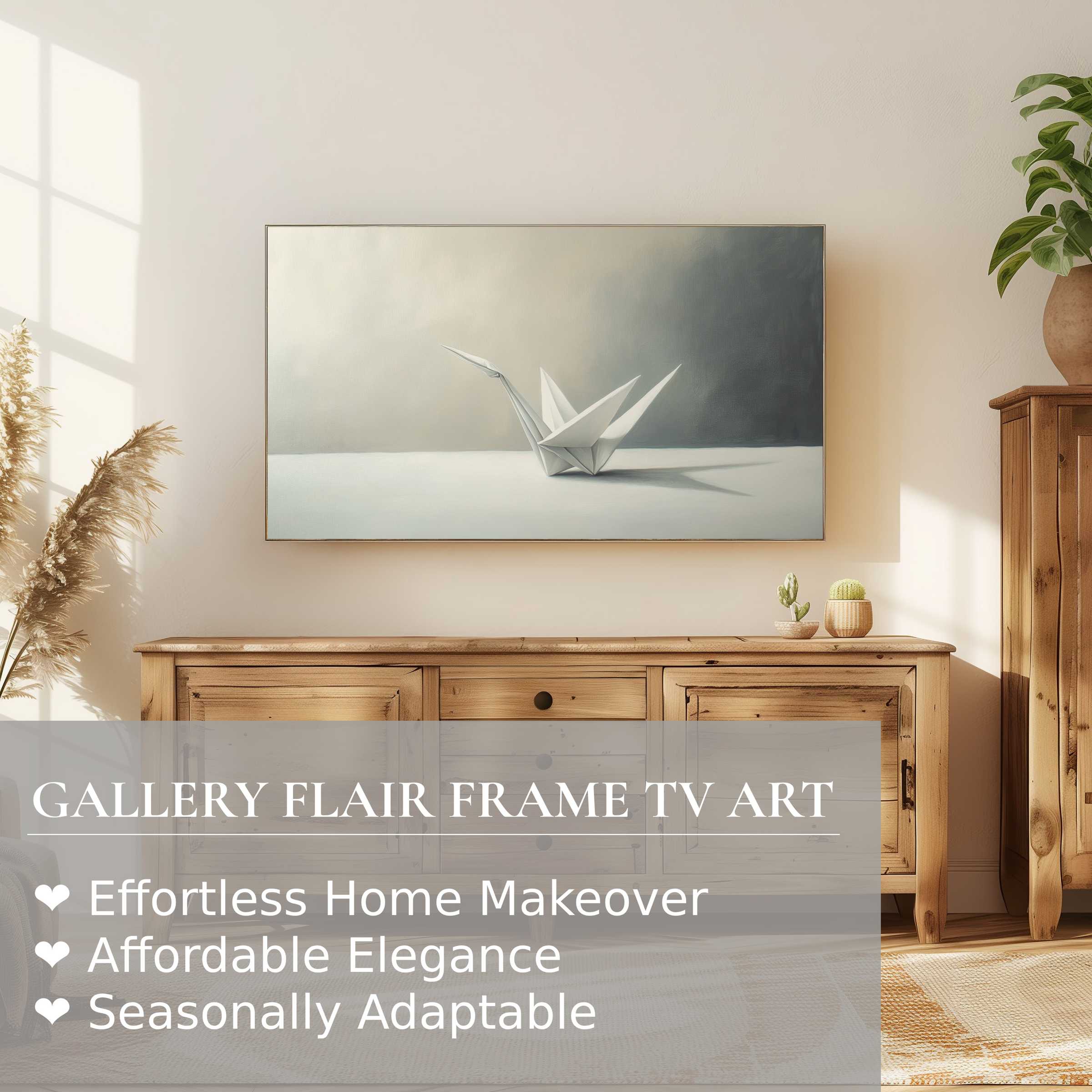 Elegant minimalist digital artwork of an origami crane displayed on Samsung Frame TV in a warm, natural setting