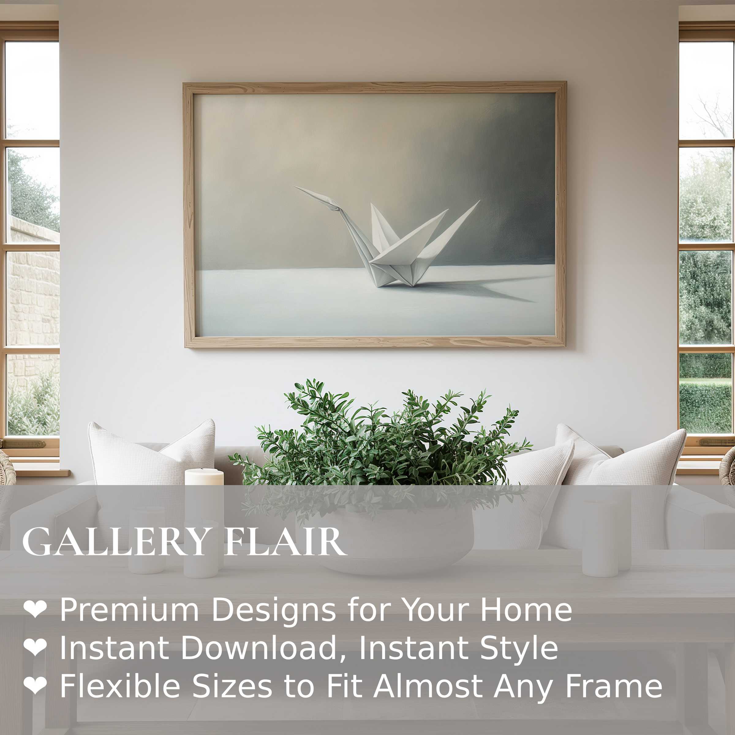 Minimalist wall art print featuring a serene origami crane in muted tones, enhancing calm, modern interiors with refined elegance and subtle texture