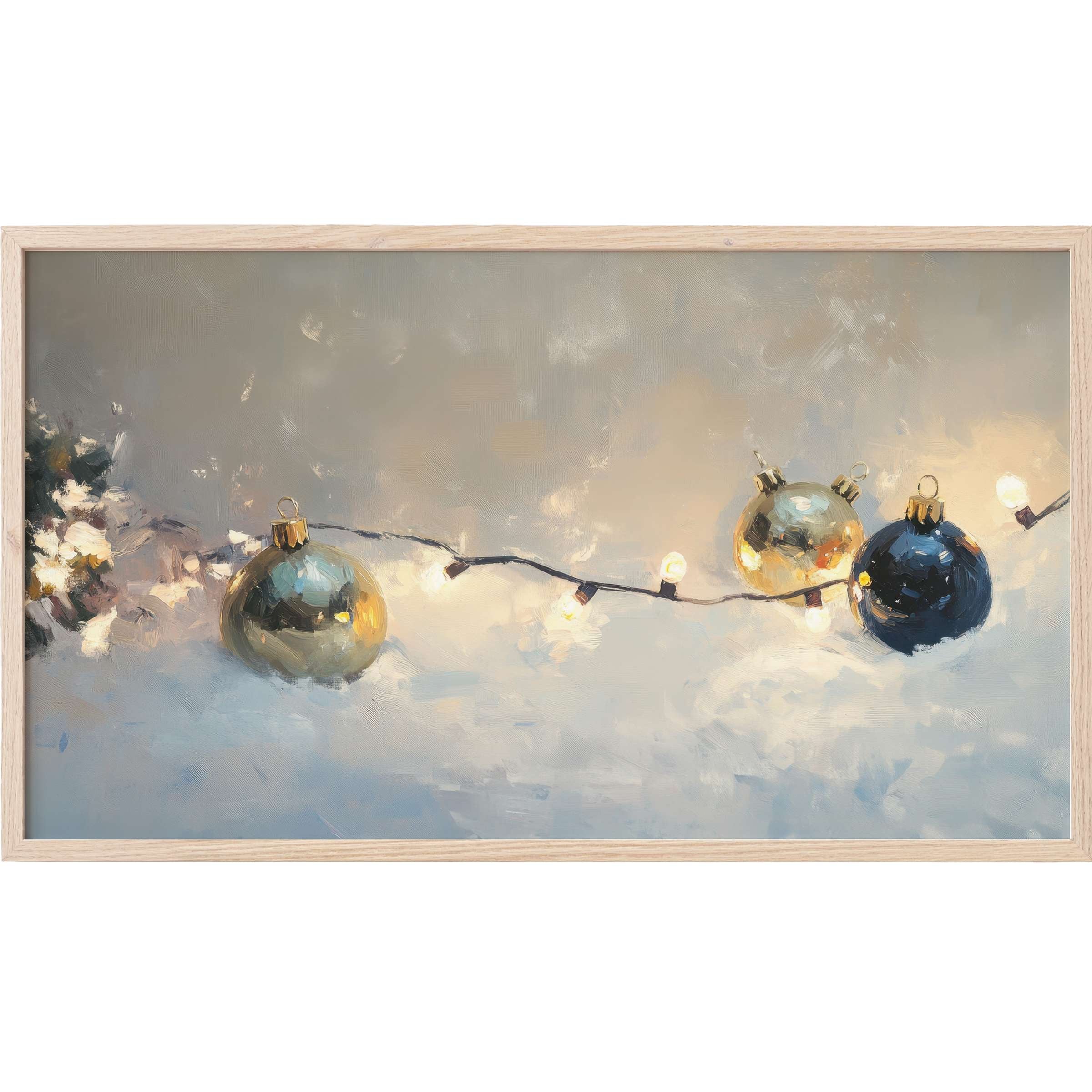Elegant christmas Frame TV Art featuring reflective gold and navy ornaments with warm glowing string lights in soft brushstrokes