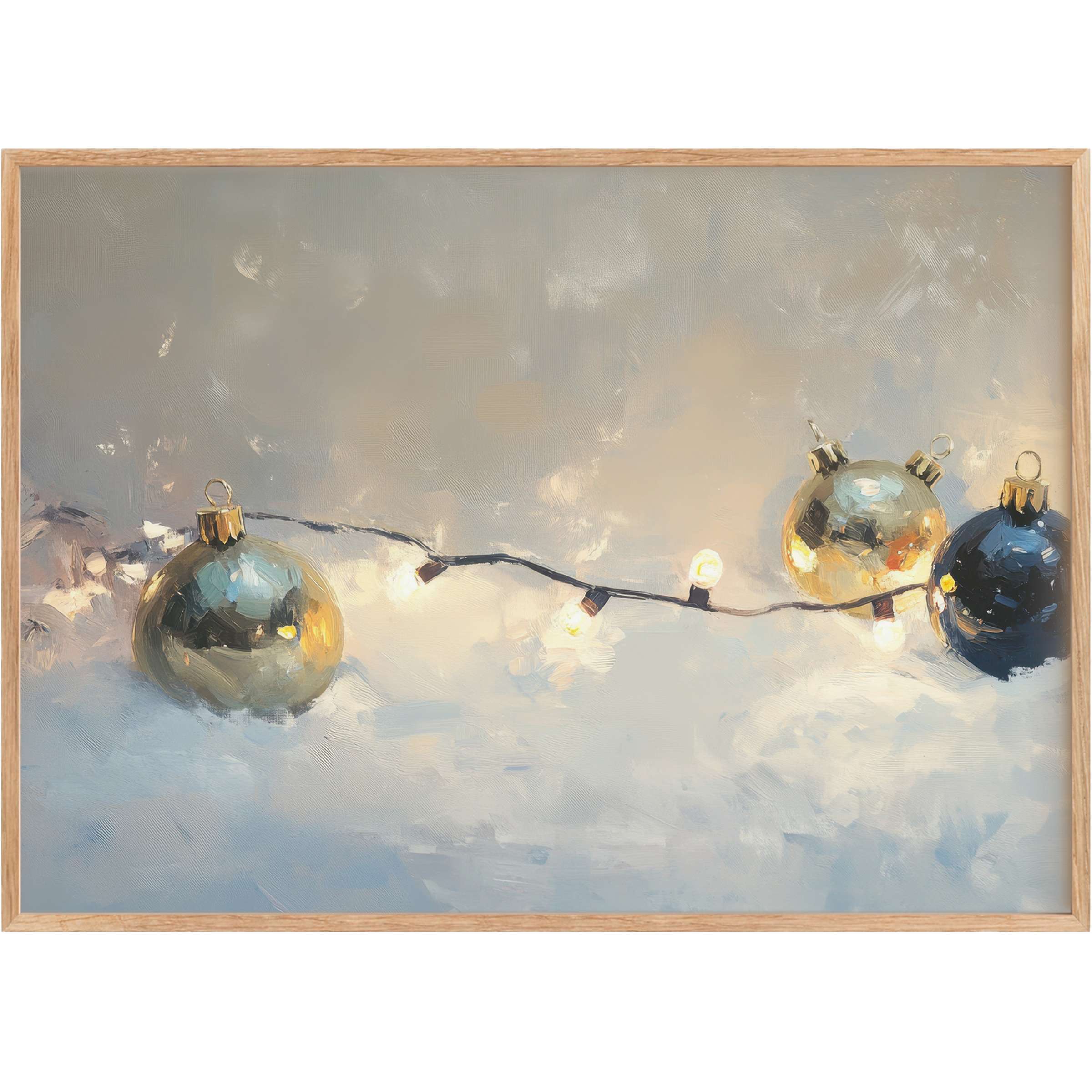 Elegant Christmas printable wall art featuring warm gold and navy ornaments with glowing fairy lights, evoking a serene, sophisticated holiday ambiance