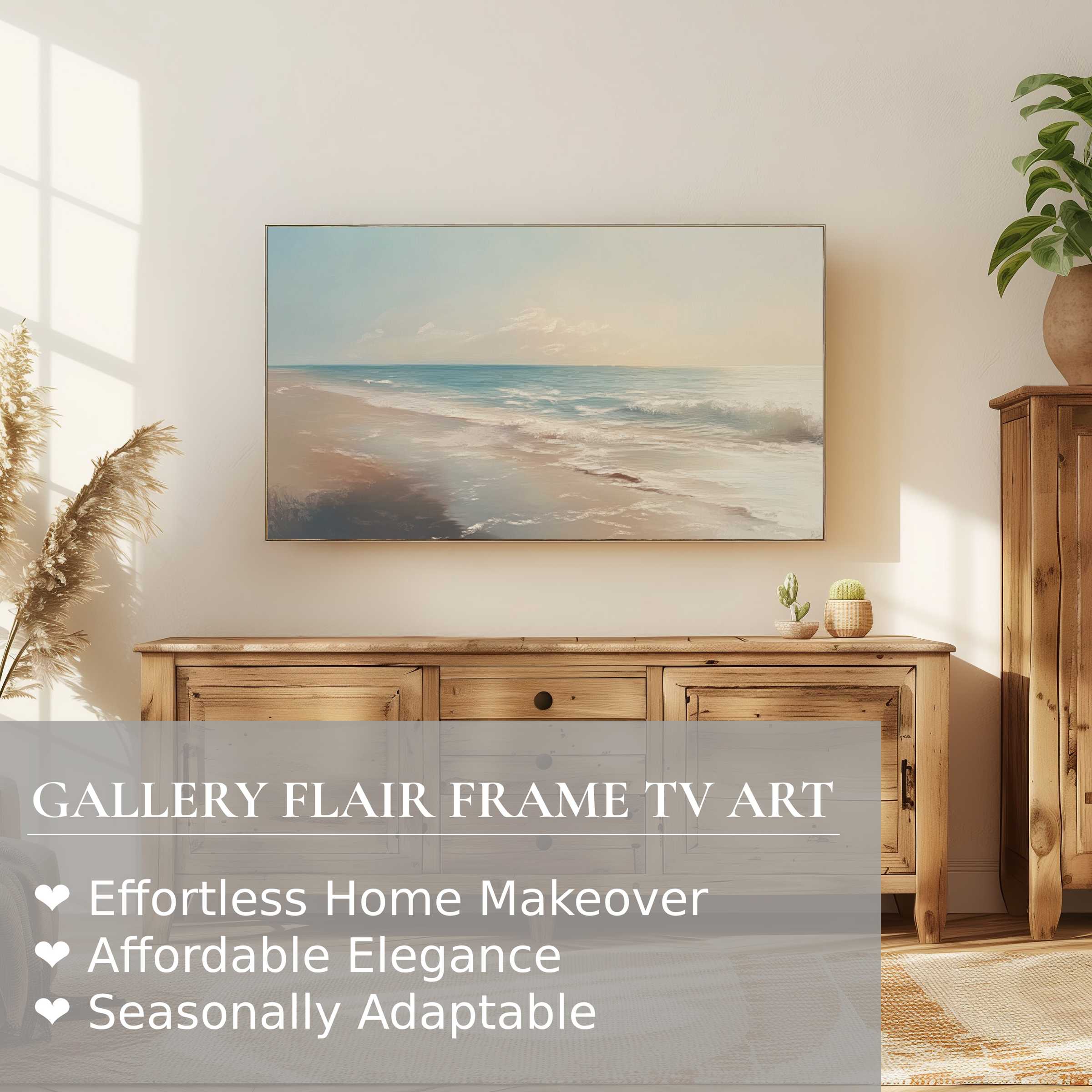 Samsung Frame TV showcasing serene, soft-toned landscape digital artwork in a warm, elegant home decor setting
