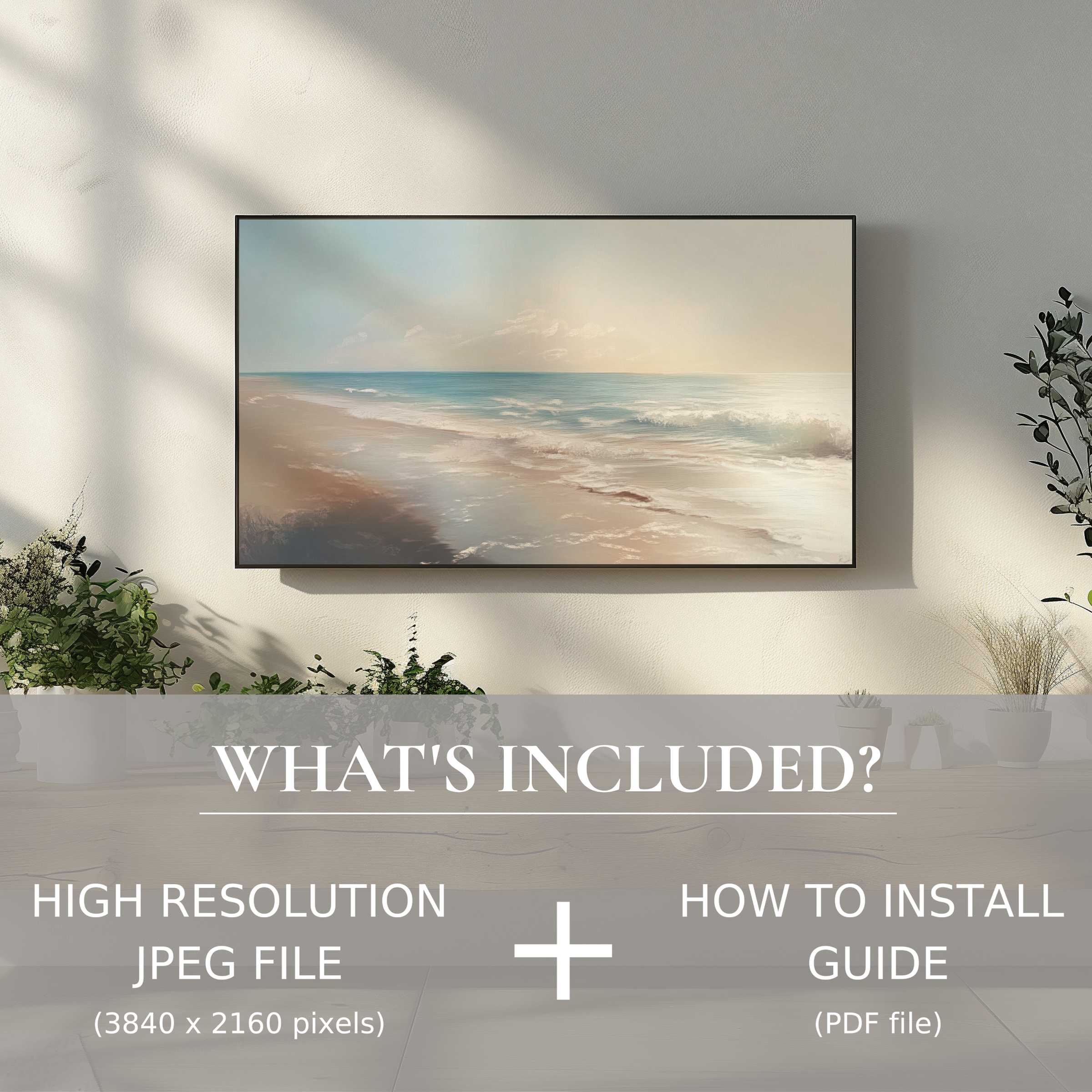 Elegant beach landscape digital TV art download, easily enhances modern interiors with effortless digital use