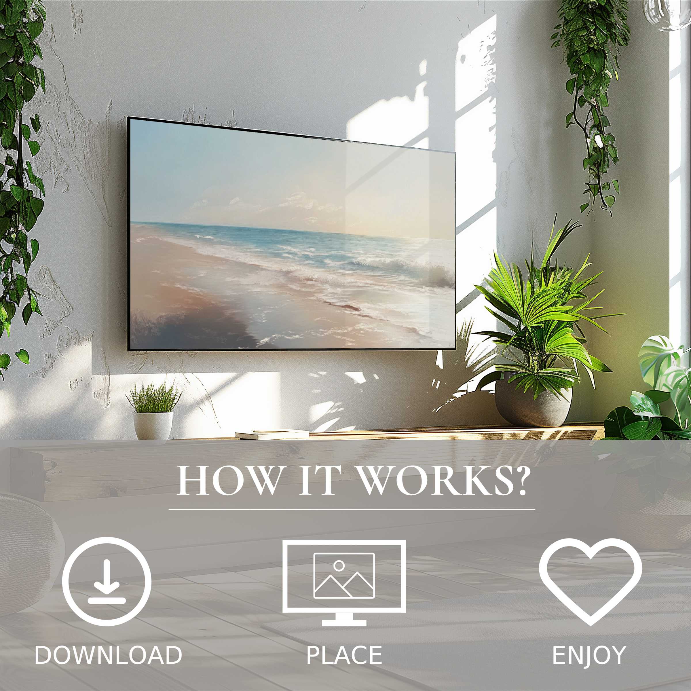 Landscape art for Samsung TV showing soft sunrise tones, easy digital download, enhances modern living spaces simply