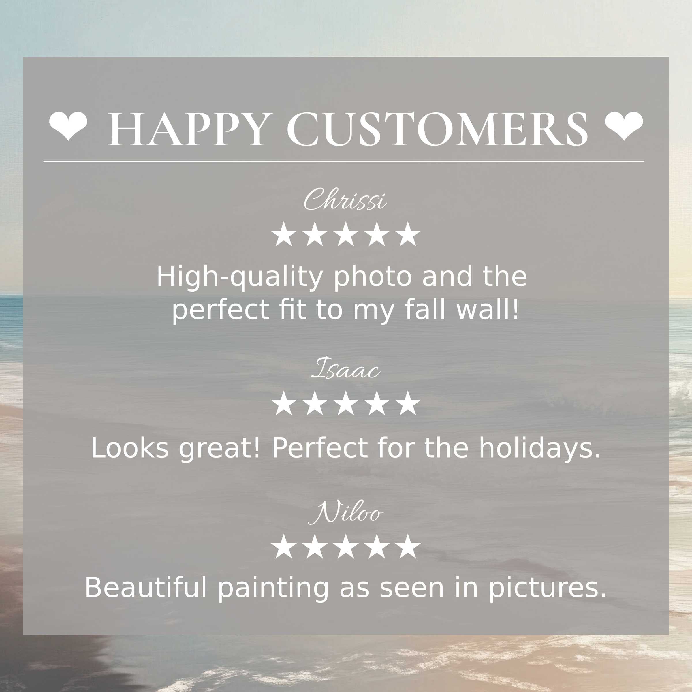 Trustworthy layout with positive reviews and soft ocean hues in landscape art for Frame TV, reflecting a happy customer experience