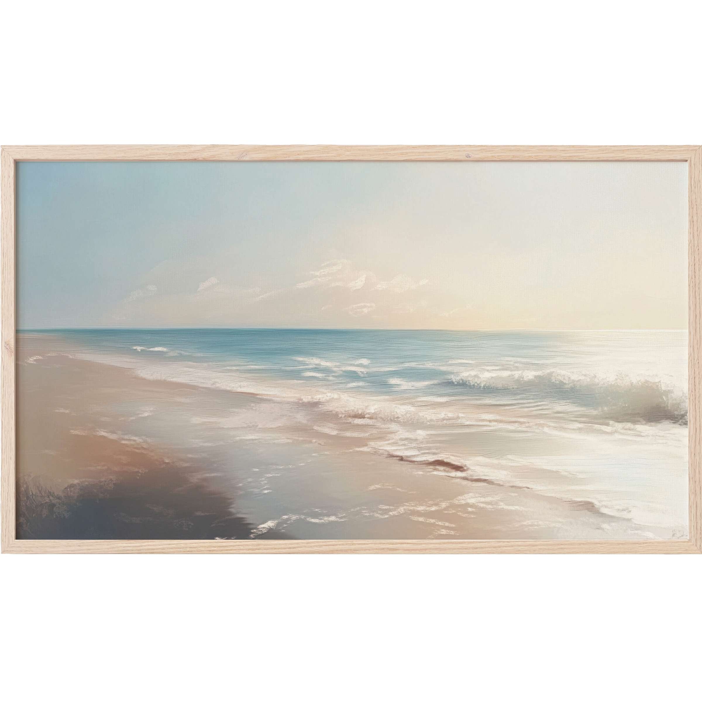 Serene coastal seascape with soft blues and sandy neutrals in a minimalist landscape Frame TV Art design