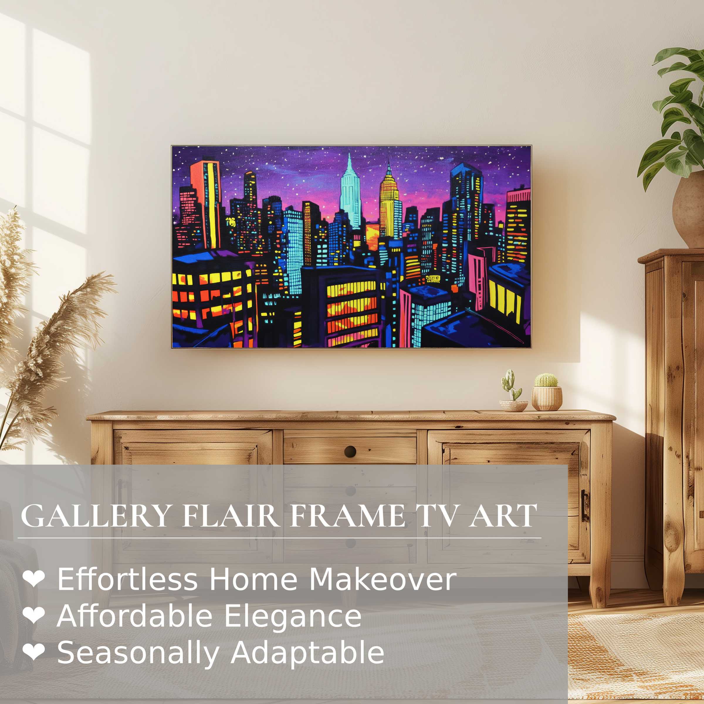 Samsung Frame TV displaying vibrant pop art digital artwork of a colorful cityscape in a modern living room