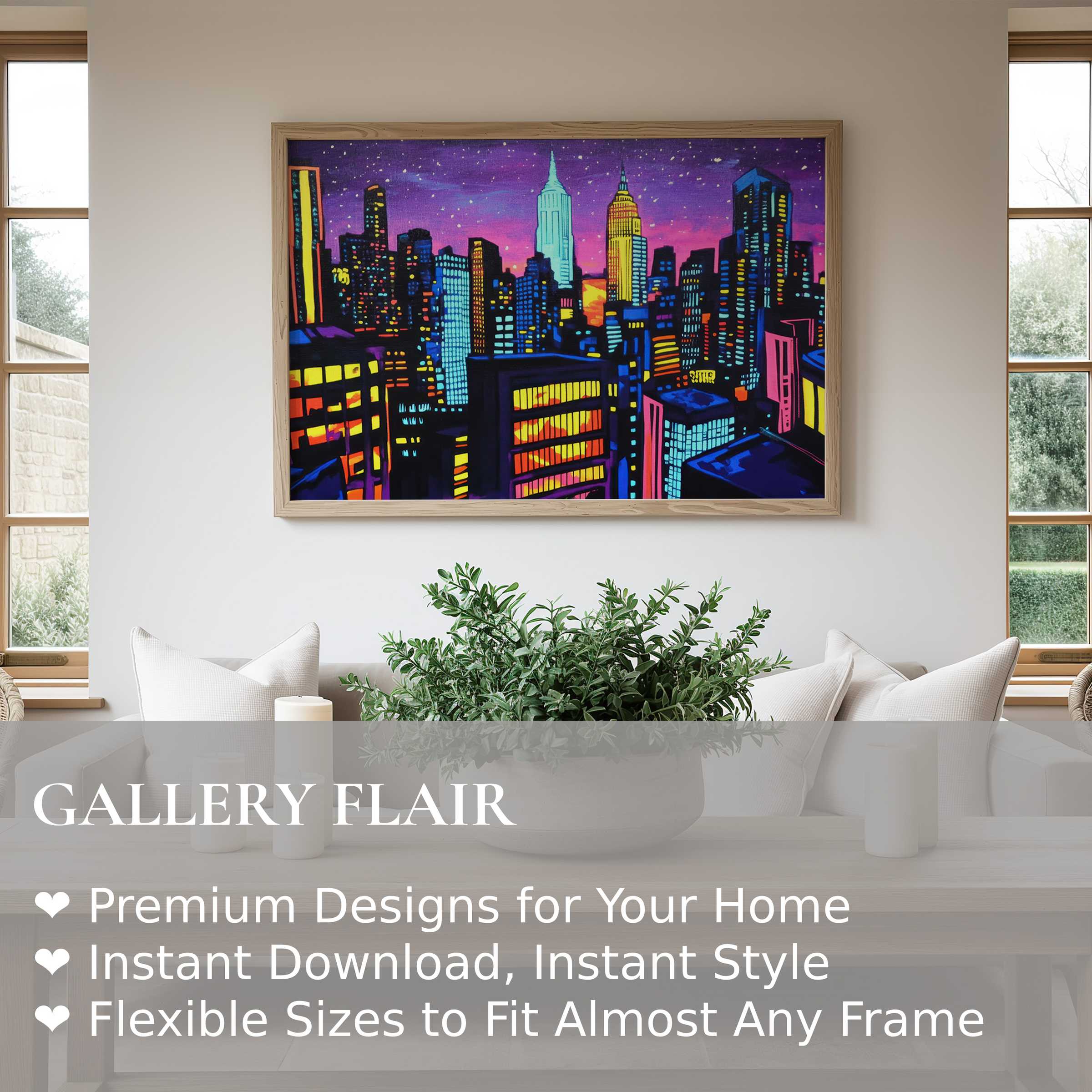 Vibrant pop art wall art print of a luminous cityscape at twilight, enriching modern minimal interiors with bold, dynamic energy