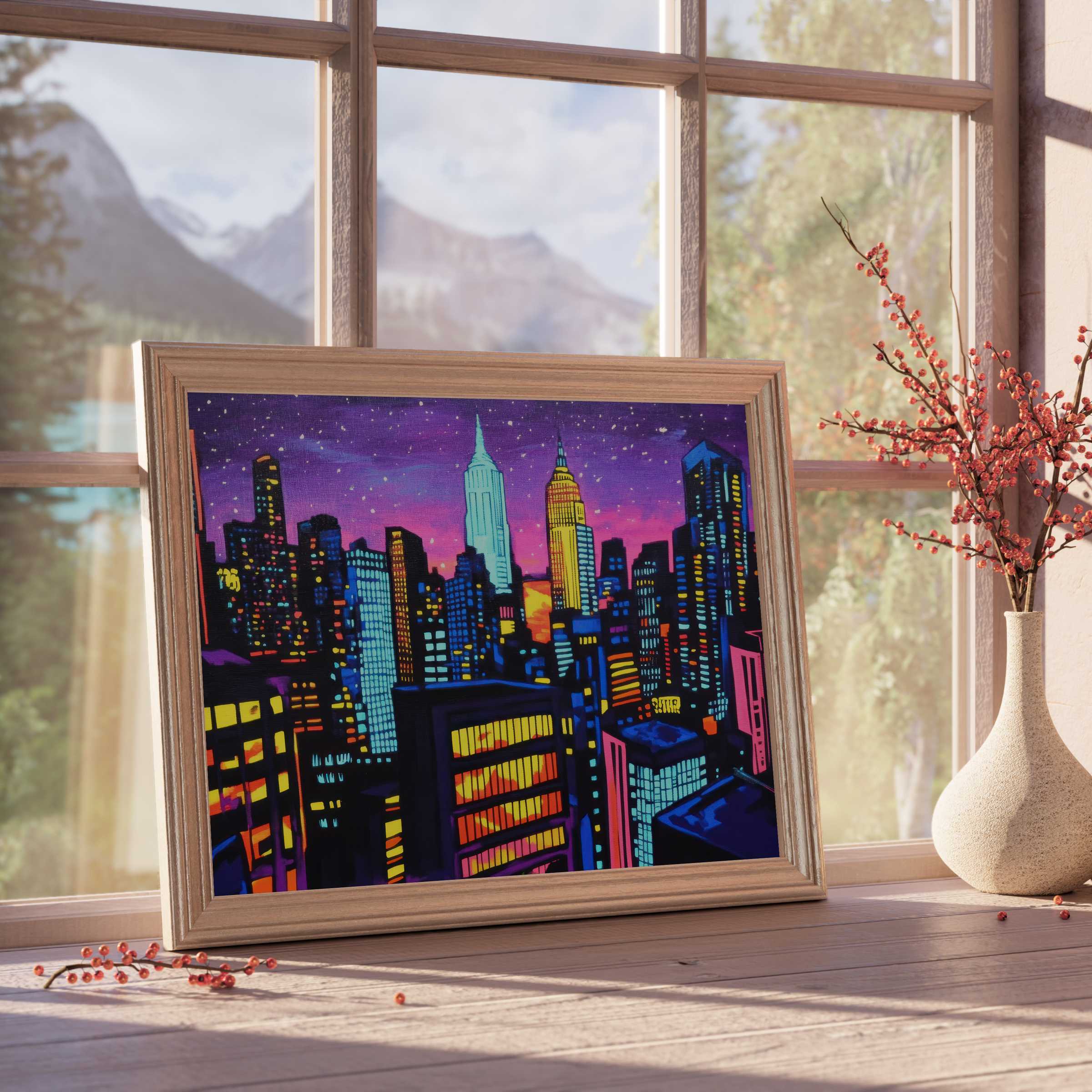 Vibrant pop art downloadable art showcasing a luminous city skyline at twilight, elevating refined interiors with dynamic color and modern urban elegance