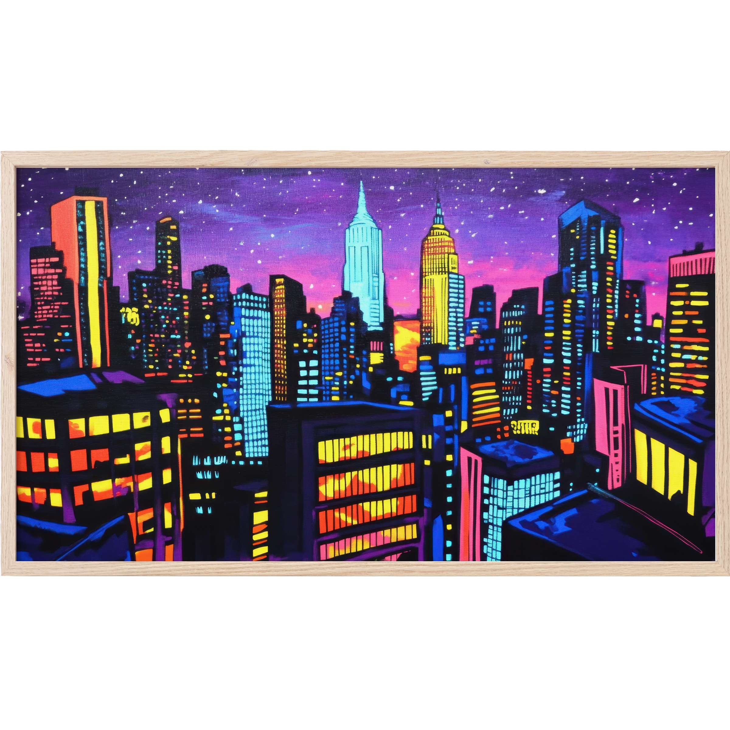Vibrant cityscape in vivid neon hues and starry twilight, a dynamic pop art Frame TV Art for modern spaces