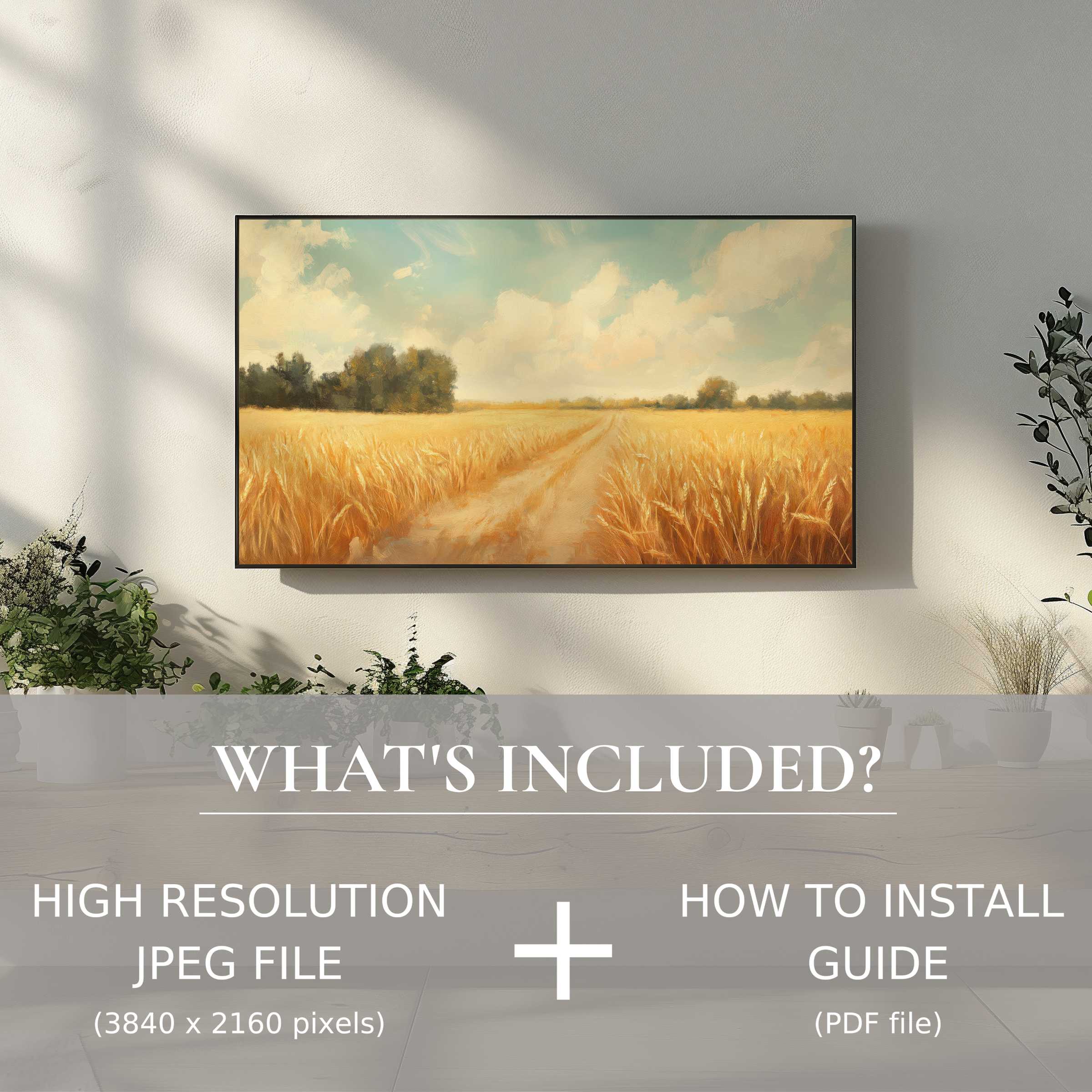 Elegant summer digital TV art download showcasing a golden wheat field, easily enhancing your modern living space