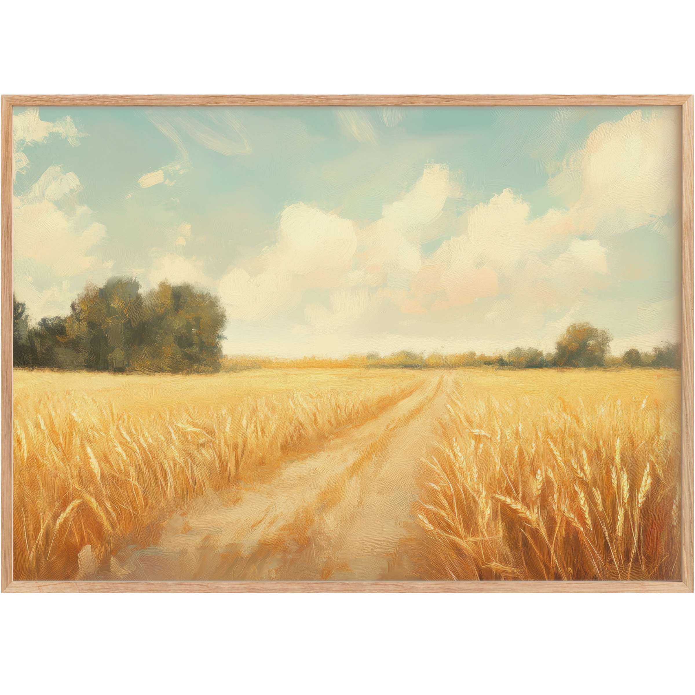 Golden wheat fields under soft blue skies evoke warmth and tranquility in this summer printable wall art