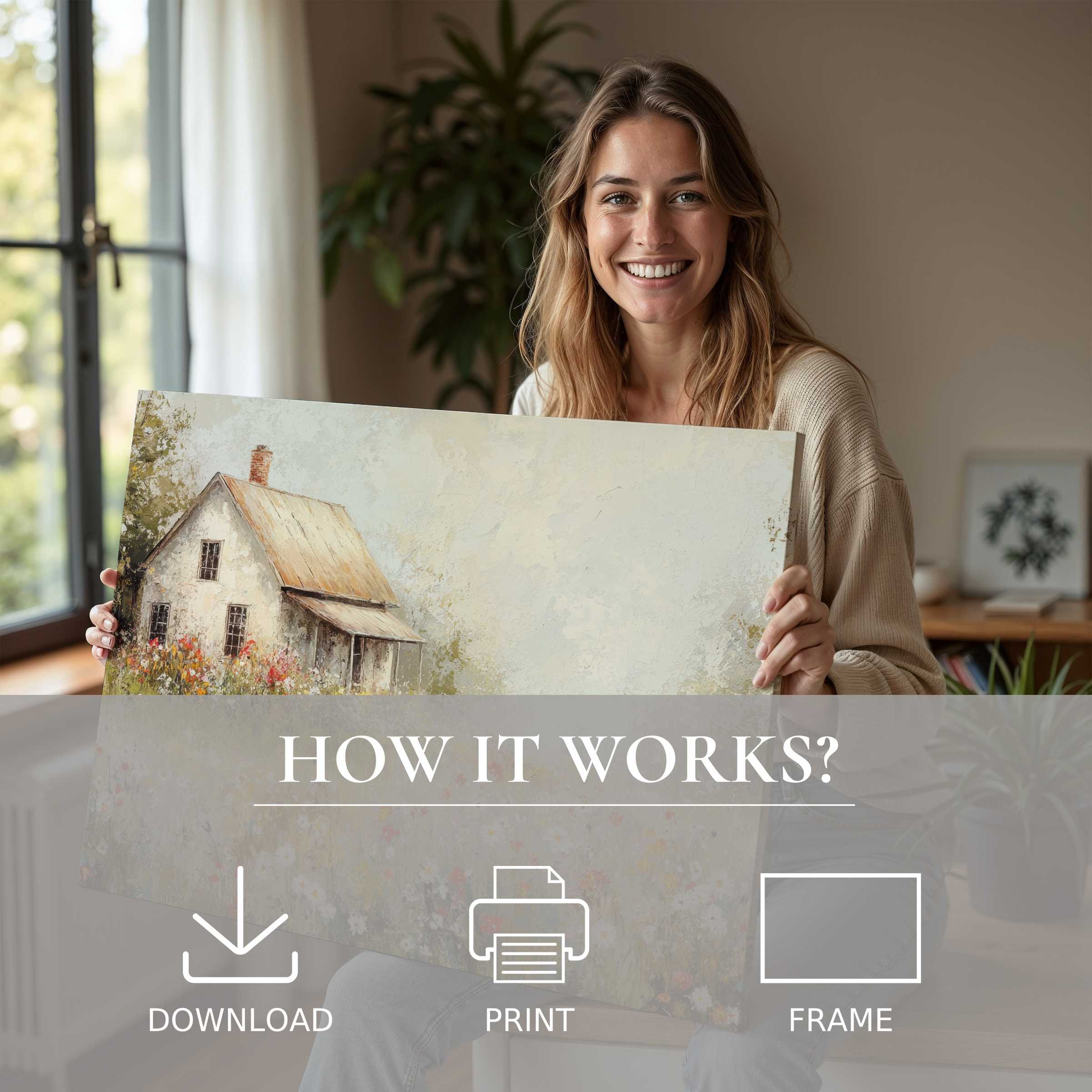 A serene vintage digital art print radiates warmth and nostalgia as it seamlessly transforms this sunlit modern home with effortless elegance and heartfelt joy