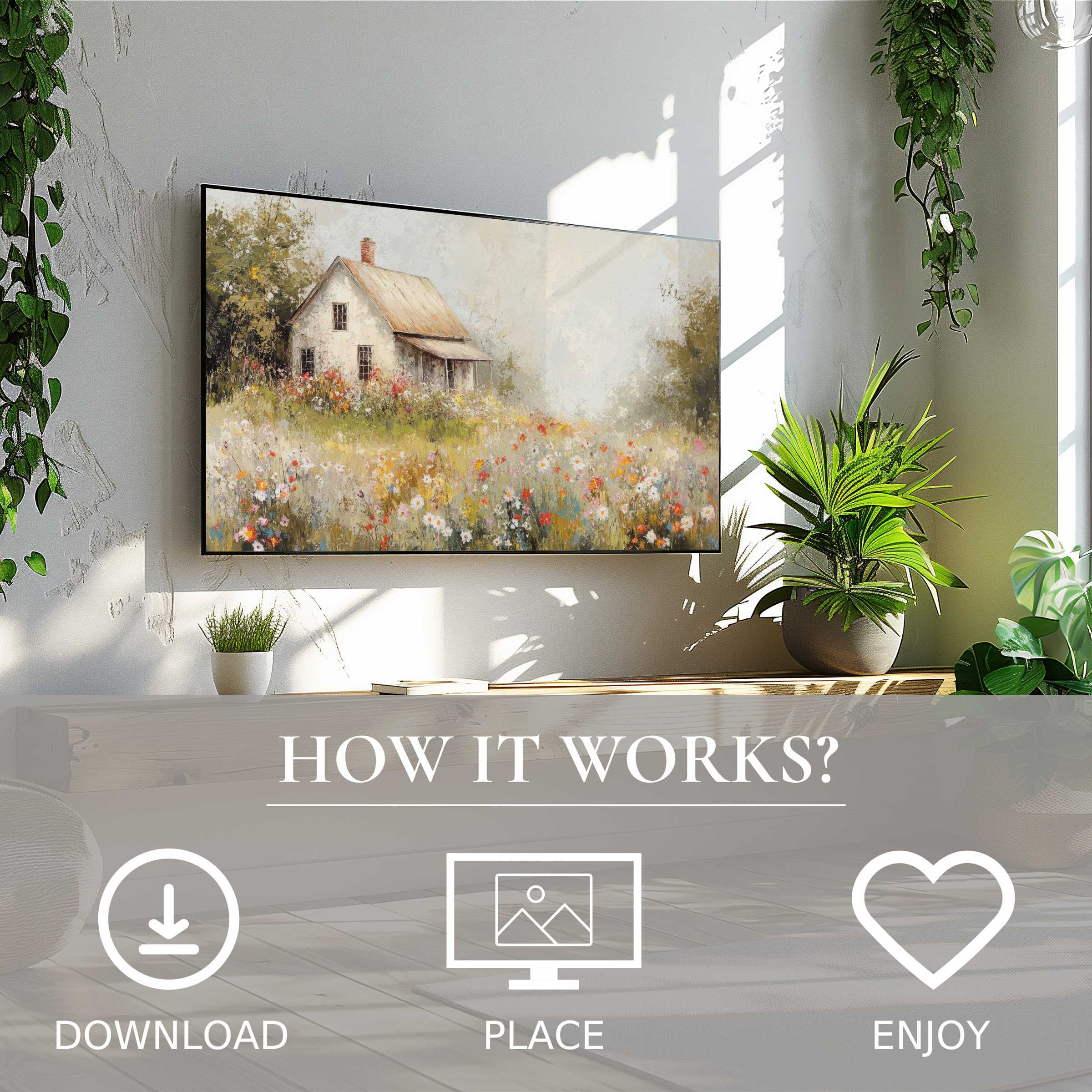 Vintage art for Samsung TV with serene cottage motif, easy digital download enriches bright, green-filled living spaces