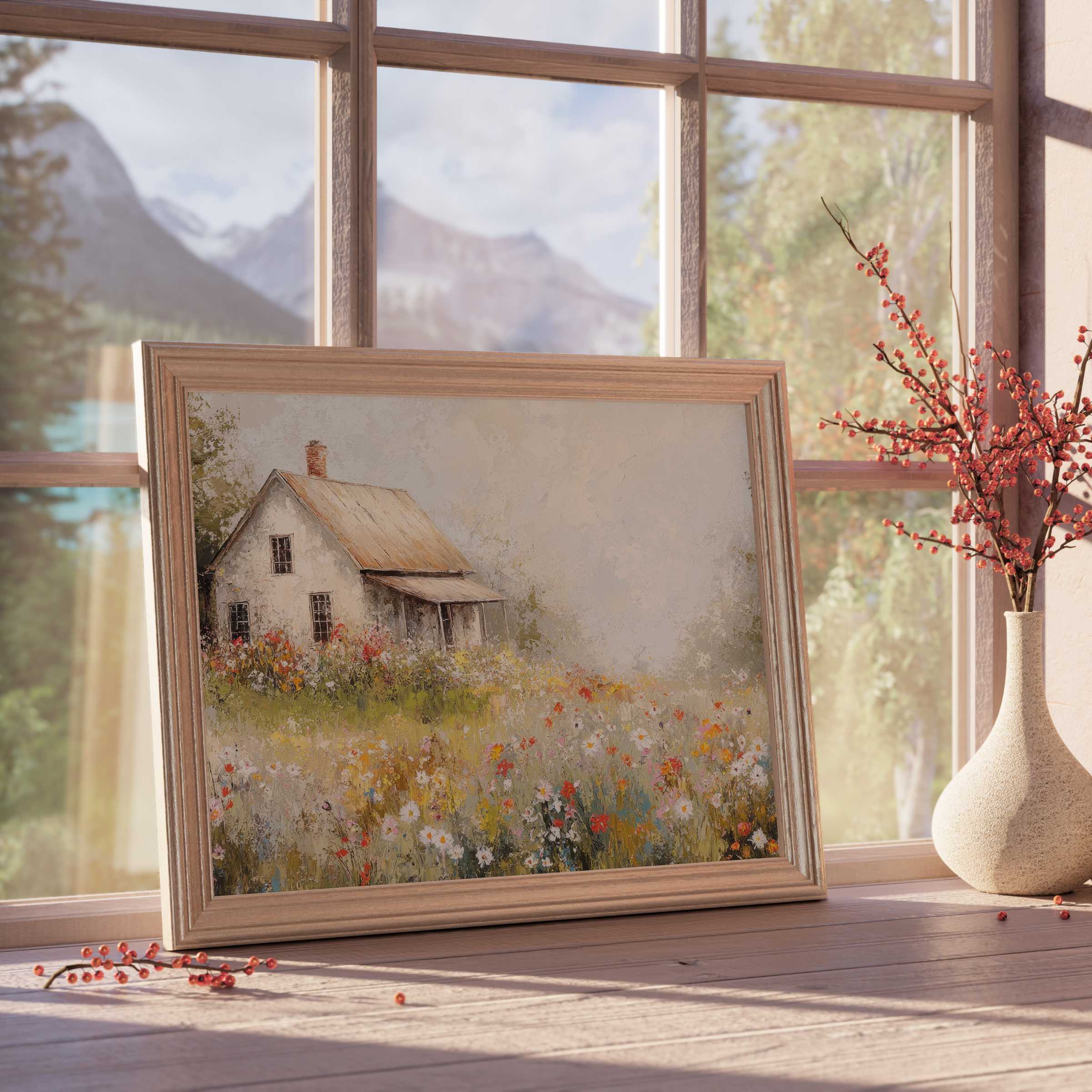 Vintage downloadable art capturing a serene countryside cottage basking in gentle sunlight, enhancing tranquil, curated interiors with timeless charm